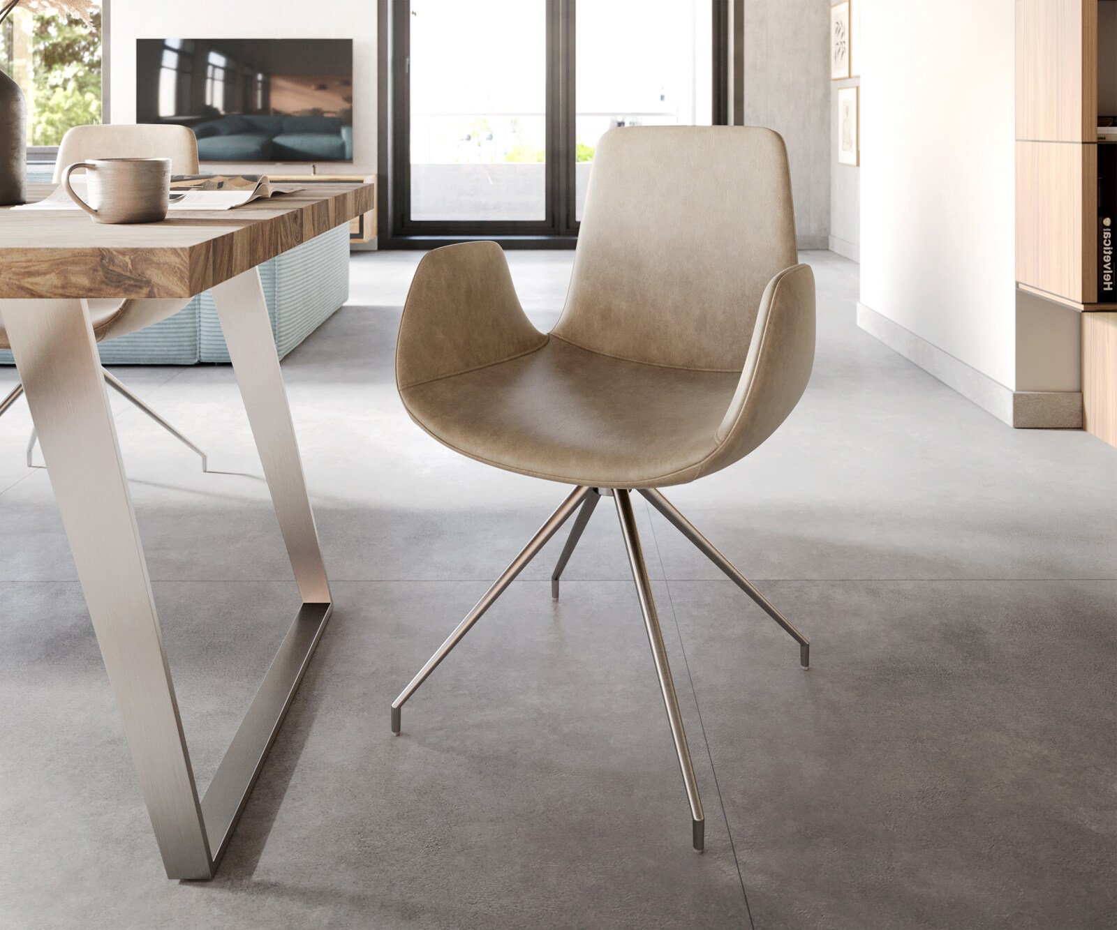 Eetkamerstoel Ilia-Flex met armleuning microvelours beige vintage kruisframe conisch roestvrij staal