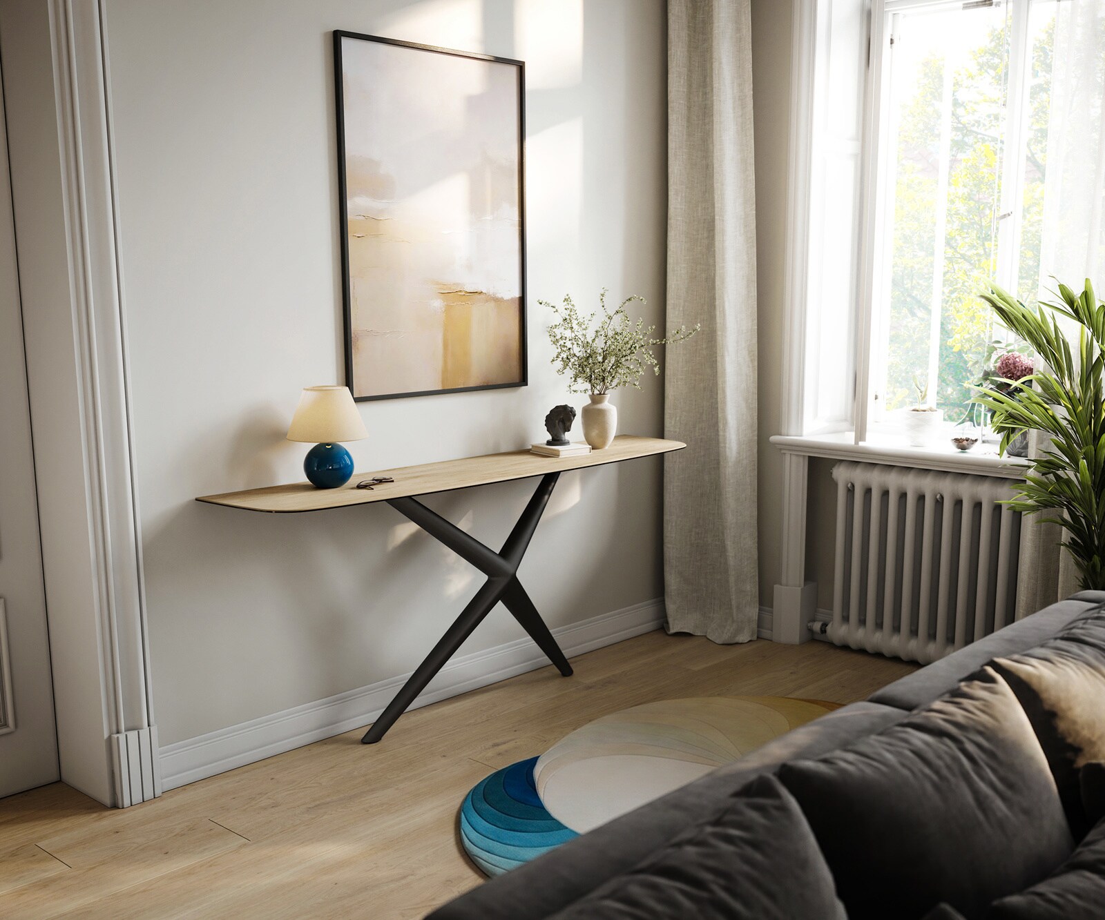 Consoletafel Edge Bootvorm 180x40 cm Keramiek Laminam® Sabbia Eichefarbig Estelo Metaal Zwart 7
