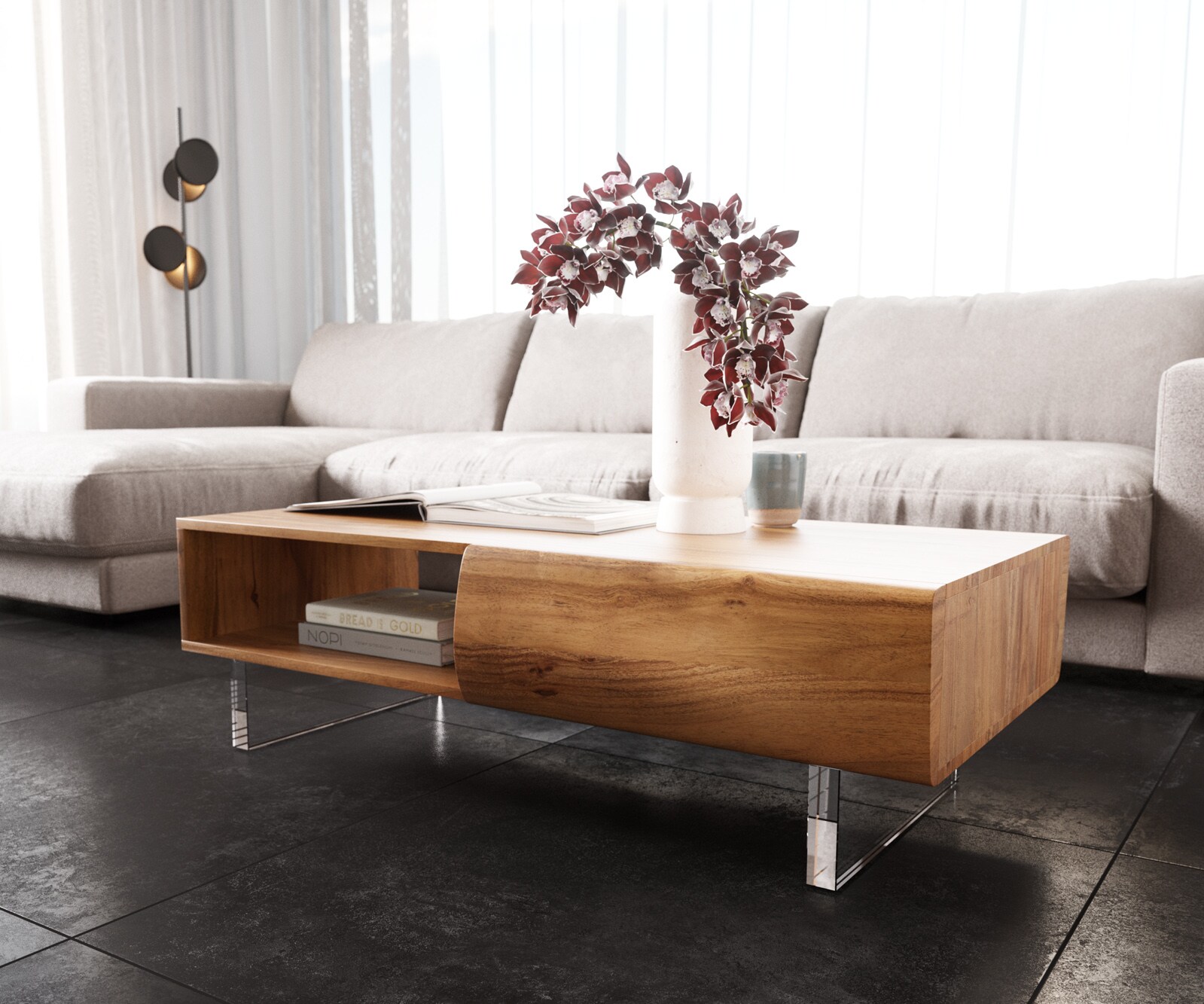 Salontafel New Live-Edge 115x60 cm acacia natuur 2 schuiflade 1 vak acrylpootjes 