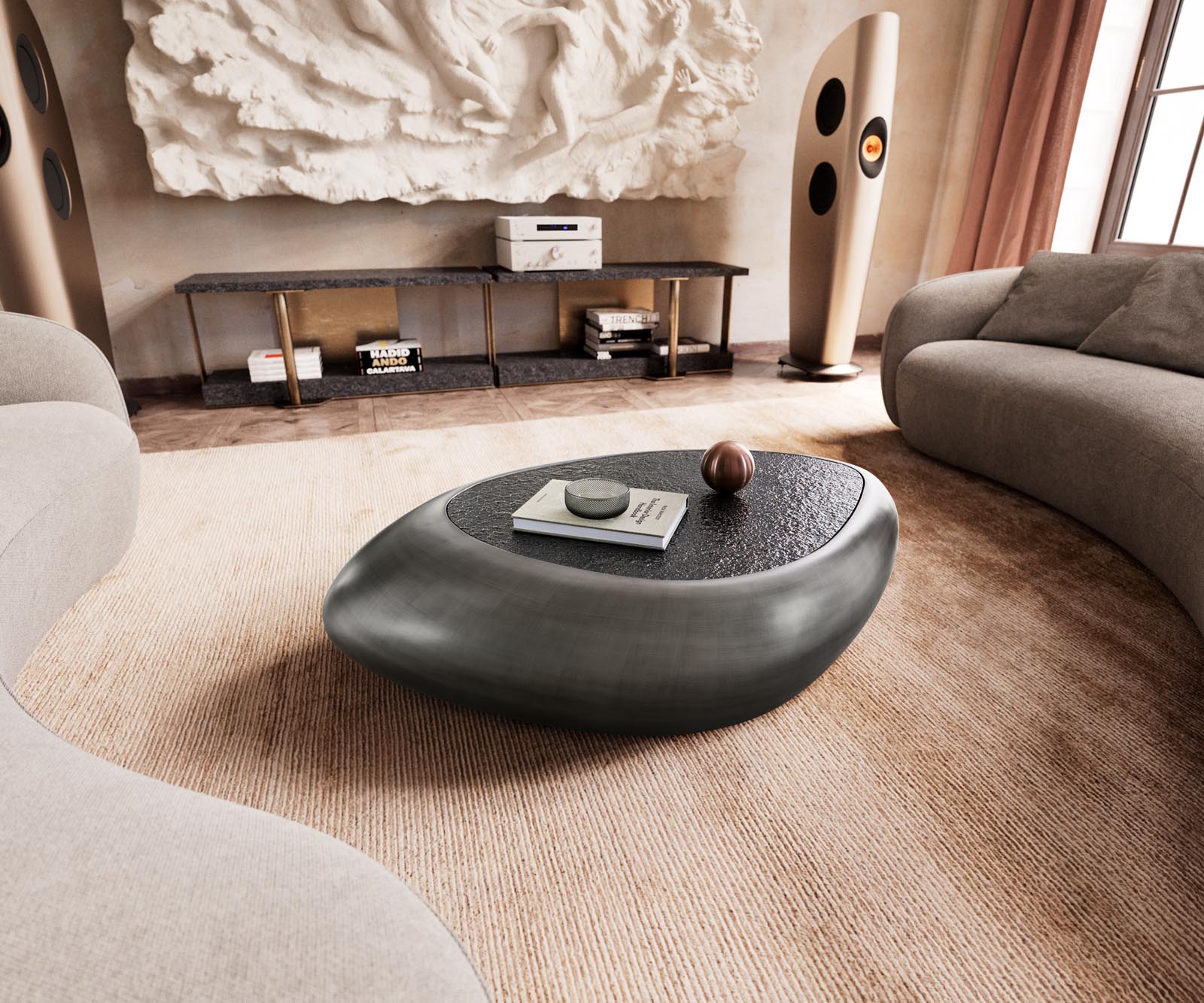 Sagana salontafel 120x80 cm metallic zilver met grijs reliëfglas Sagana salontafel 120x80 cm metallic zilver met grijs reliëfglas