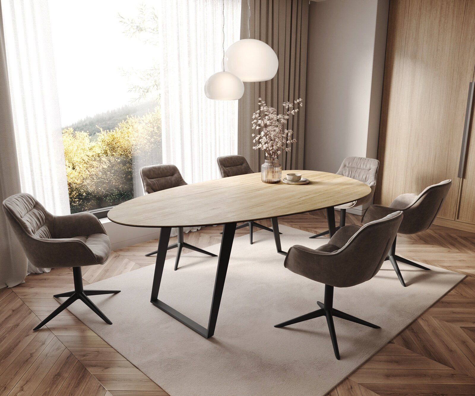 Eetkamertafel Edge Oval 220x120 cm Keramiek Laminam® Sabbia eikenkleurig Metaal Schuin Zwart 6