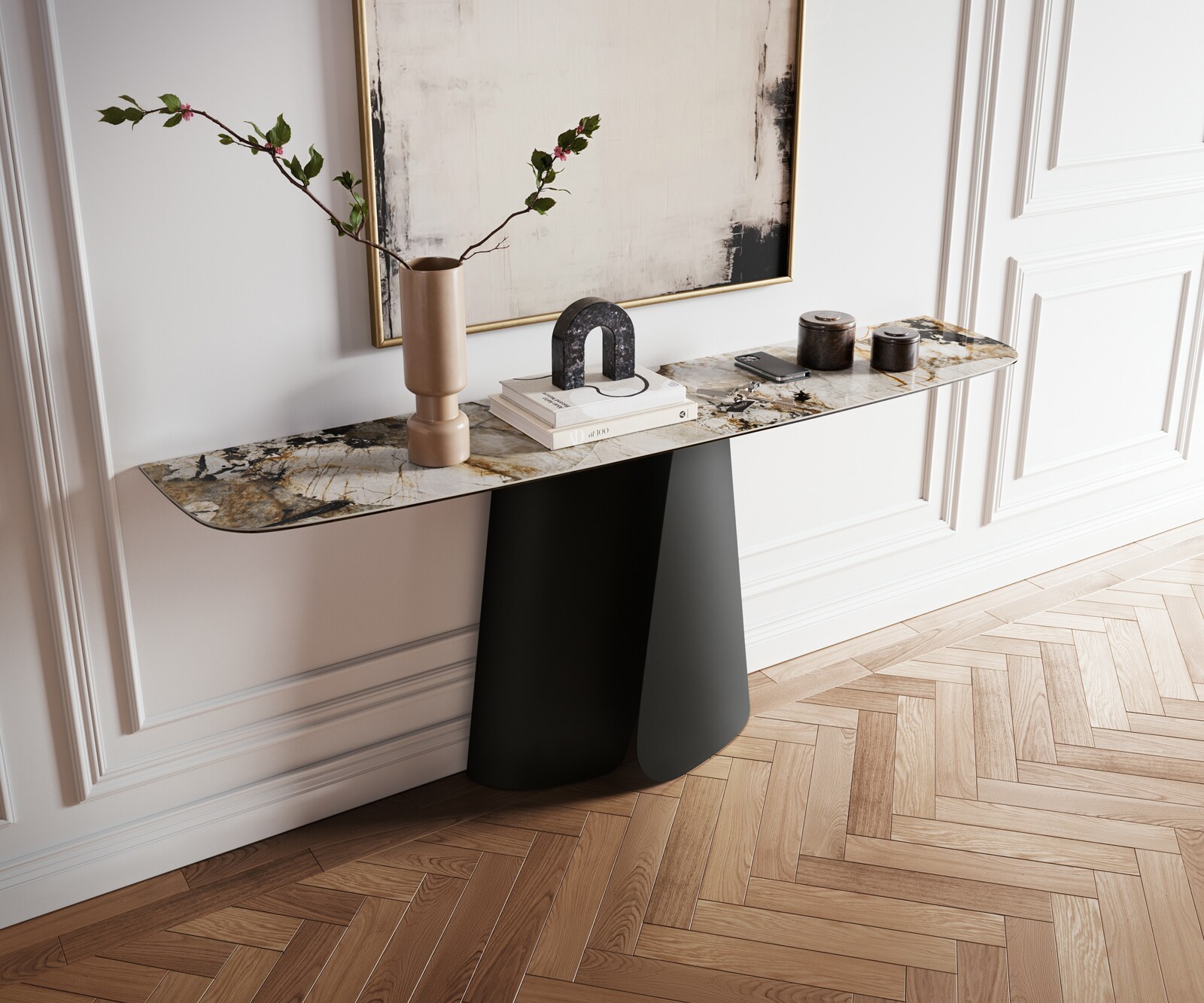 Consoletafel Edge Bootvorm 180x40 cm Keramiek Patagonia Poliert Livos Metaal Zwart 1
