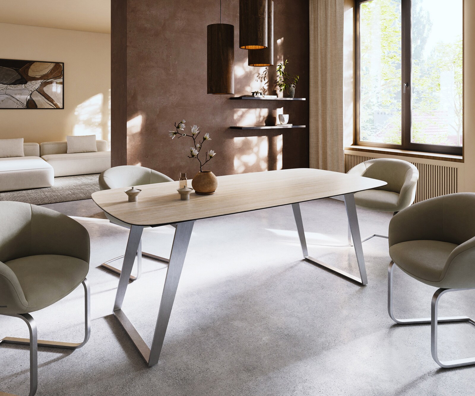 Eettafel Edge Boot 200x100 keramiek  Laminam® Travertino Bianco Creme-wit RVS Schräg 2