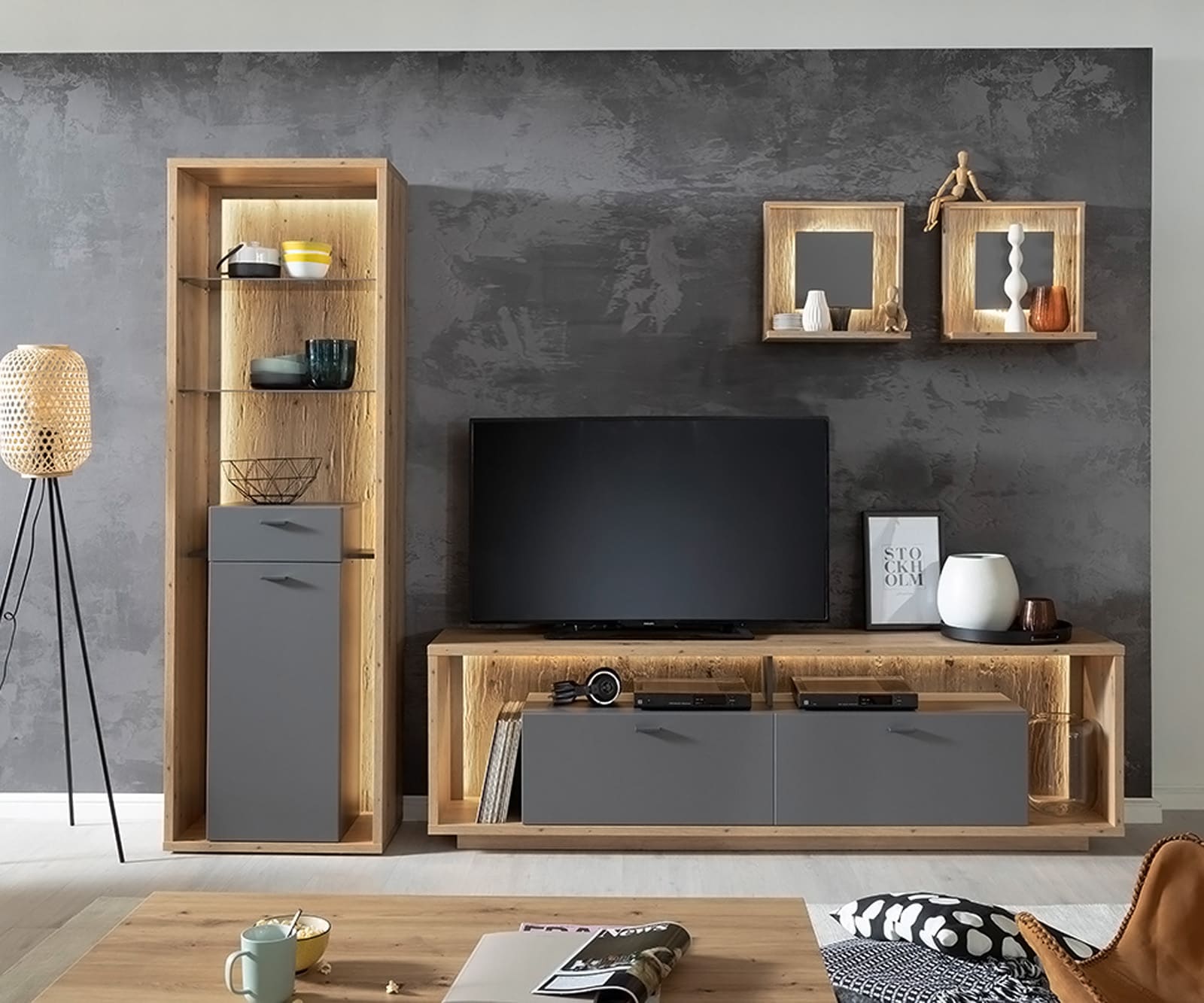 Wandplank Lome 45x20 cm Eiken Optiek Set van 2 Planchet LED Verlichting Wandplank Lome 45x20 cm Eiken Optiek Set van 2 Planchet LED Verlichting