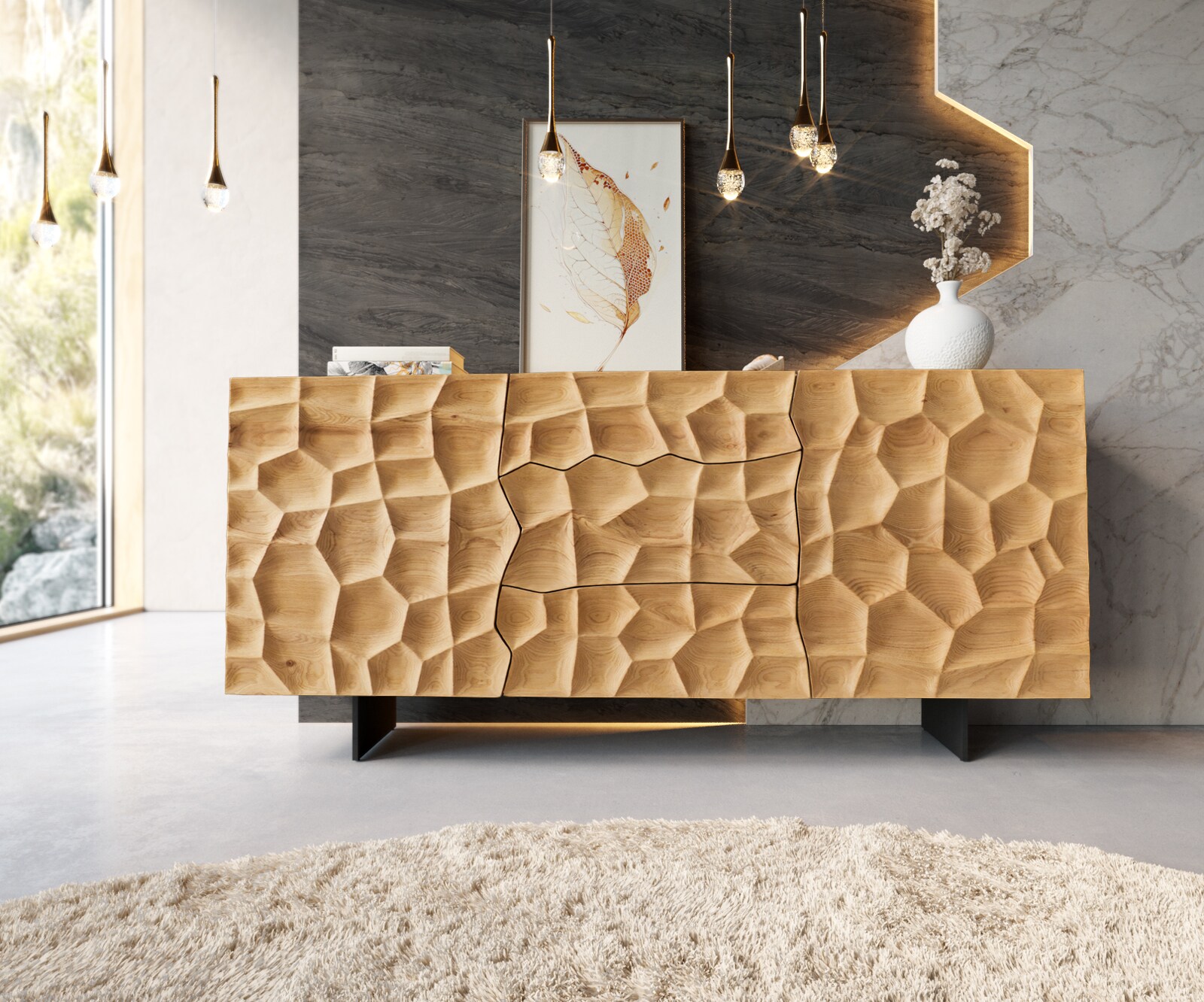 Dressoir Solu 175 cm natuur eiken 2 deuren 3 laden onderstel zwevend metaal zwart 3D-front 1