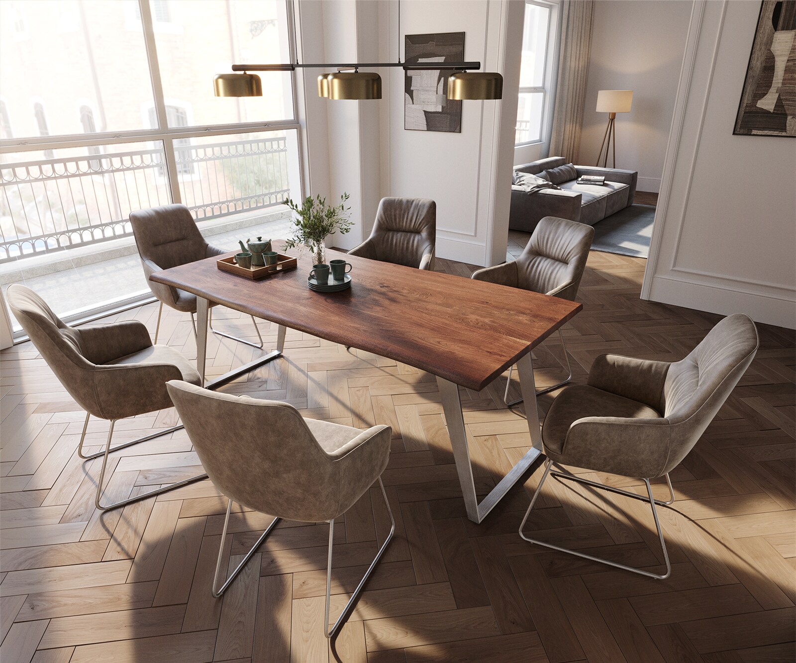Eetkamerstoel Zelia-Flex met armleuning microvelours taupe vintage slipframe roestvrij staal pocketveer kern 3