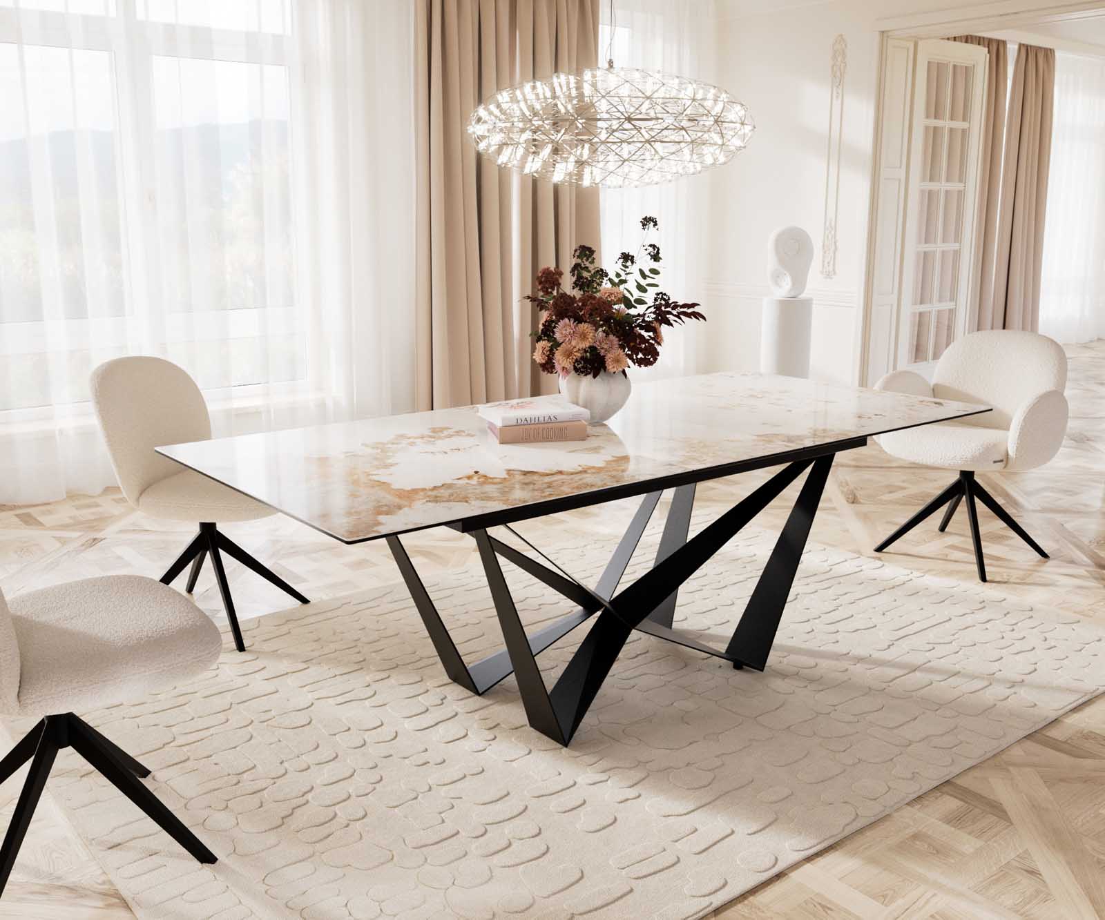 Eetkamertafel Edge 180-220x100 keramiek Minas Melange wit-beige spider vlak staal zwart uitschuifbaar Eetkamertafel Edge 180-220x100 keramiek Minas Melange wit-beige spider vlak staal zwart uitschuifbaar