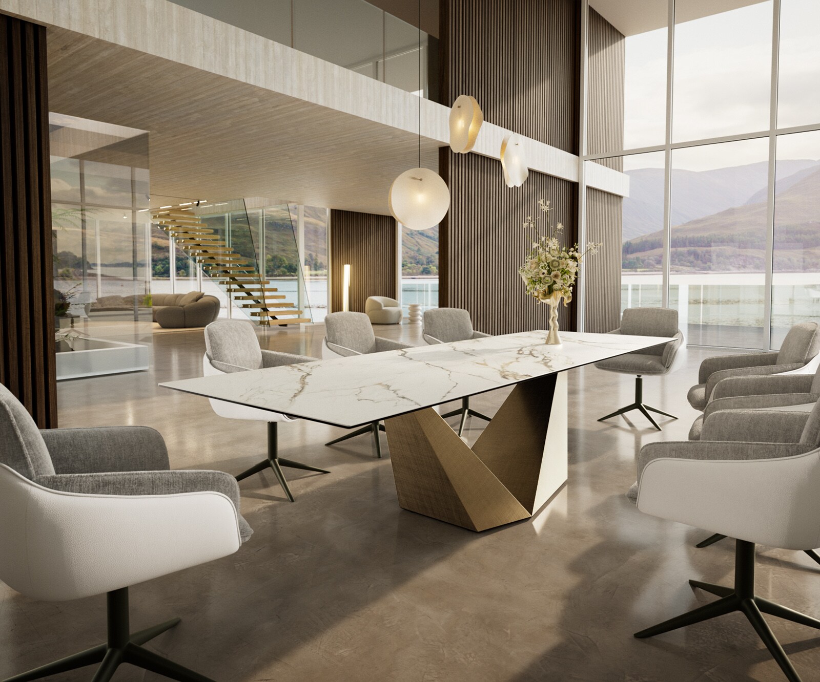 Eettafel Edge 300x100 keramiek  Calacatta Luxe wit-goud-grijs Prisma metaal goud 6