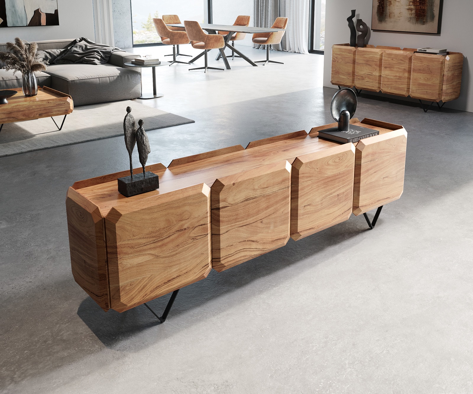 Lowboard Kiano 200 cm Acacia Natuur 4 Deuren V-voet Zwart Roomdivider Lowboard Kiano 200 cm Acacia Natuur 4 Deuren V-voet Zwart Roomdivider