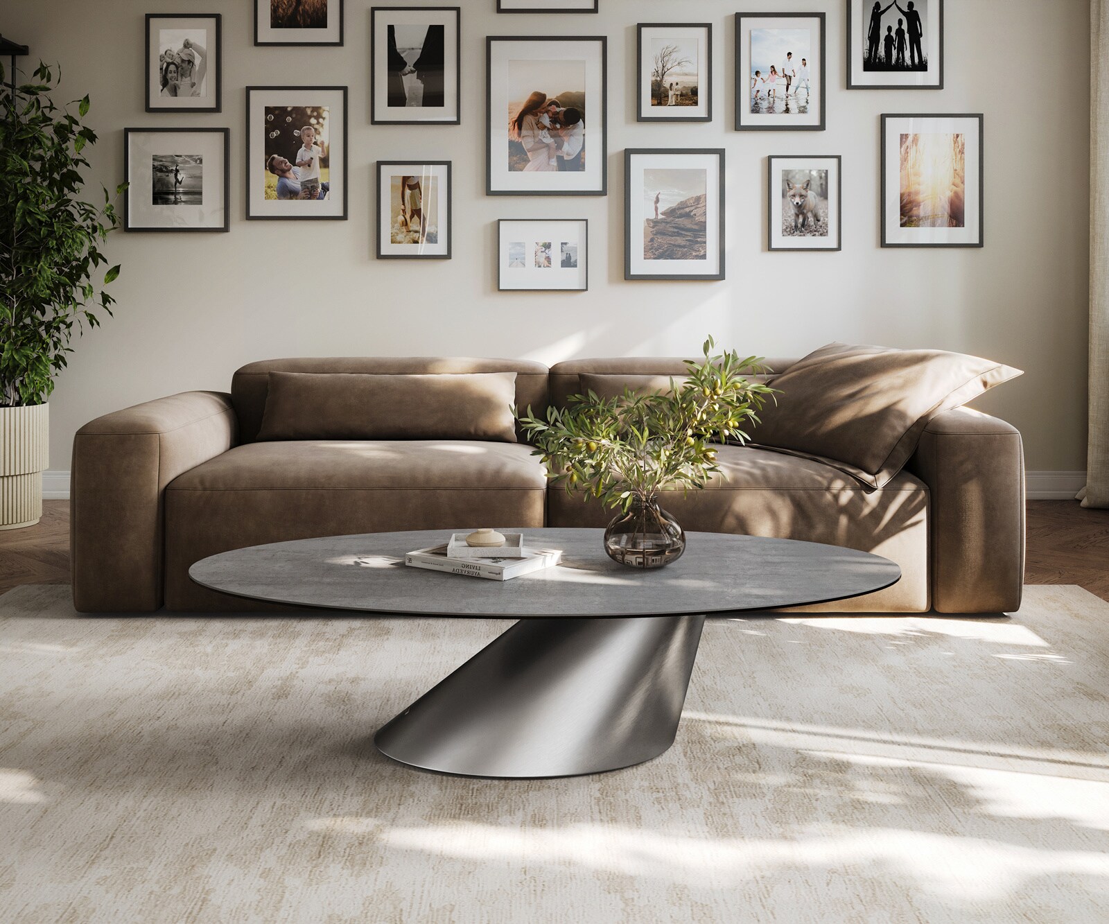 Salontafel Edge ovaal 140x80 cm keramiek beton grijs Conis roestvrij staal geborsteld 1