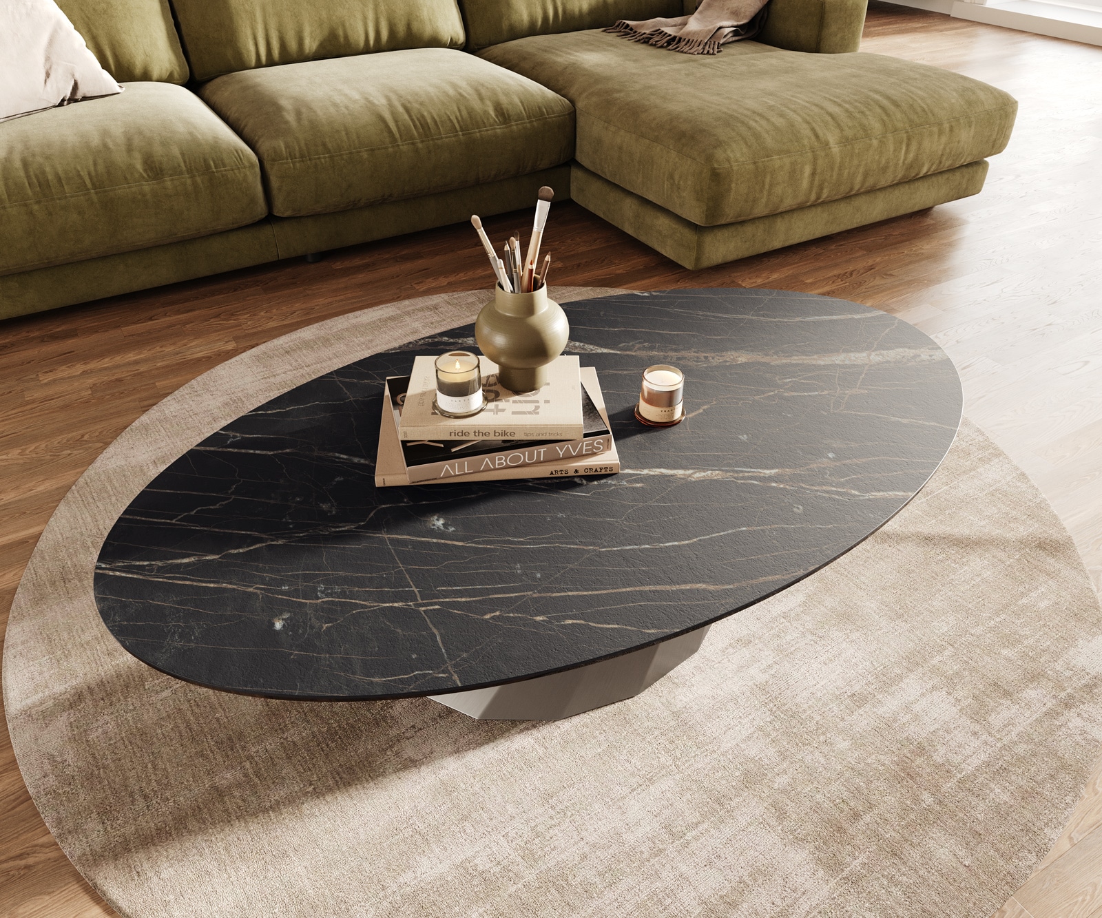 Salontafel Edge Oval 140x80 cm keramiek Laminam® Noir Desir bruin Parabi geborsteld roestvrij staal 4
