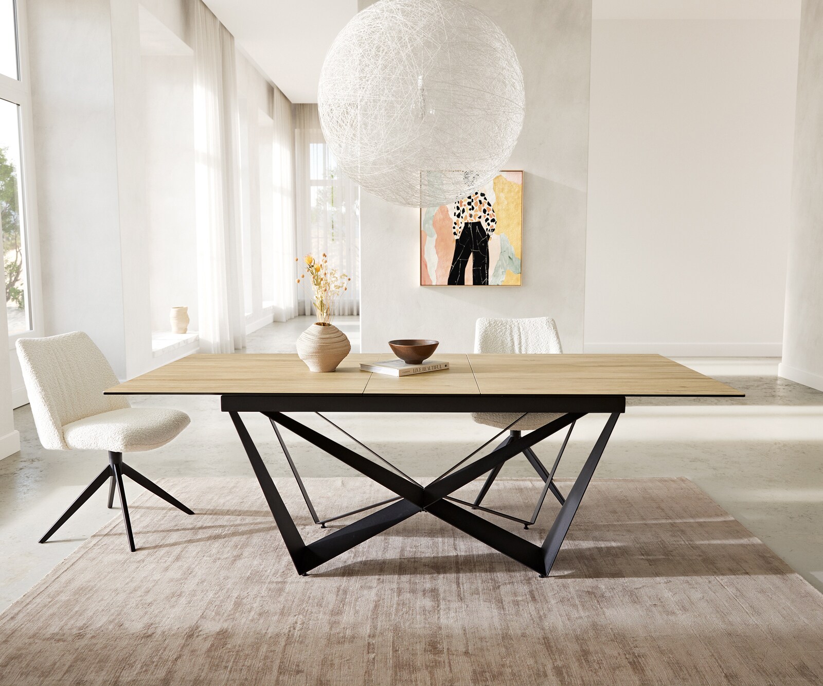 Eetkamertafel Edge 180-220x100 keramiek Laminam® Sabbia eiken kleur spider vlak staal zwart uitschuifbaar 1