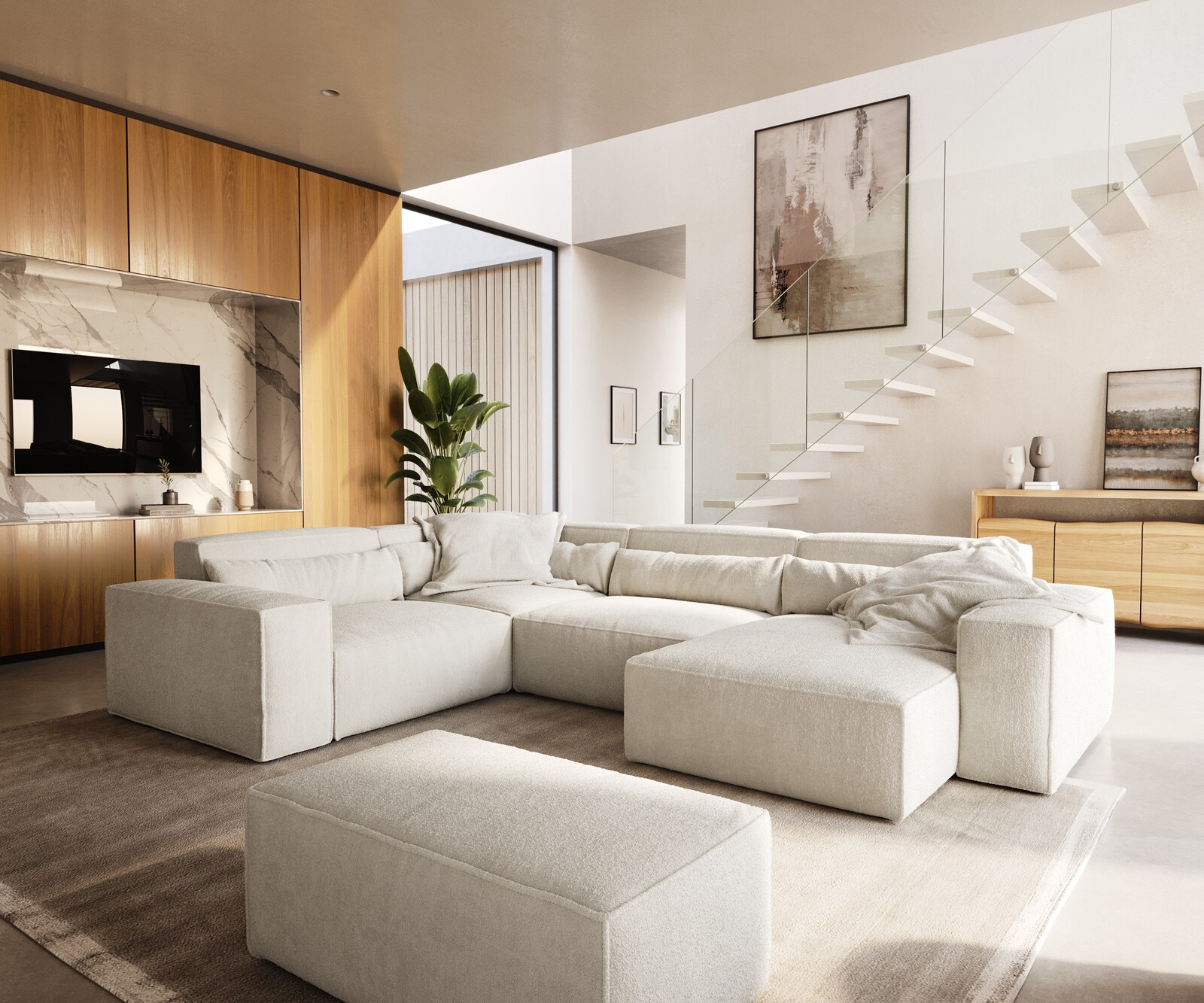 Woonkamer landschap Sirpio 300x210 cm bouclee crème-wit recamiere variabele met kruk 7