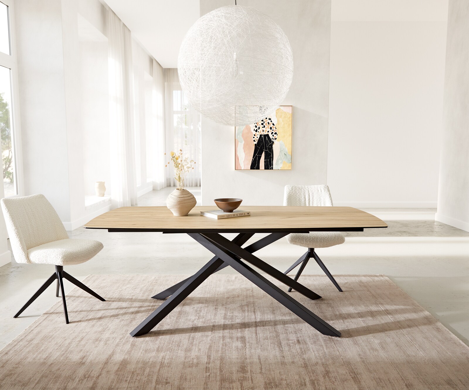 Eetkamertafel Edge Boot 200x100 keramiek Laminam® Sabbia eiken kleur kruisframe rechthoek zwart 3