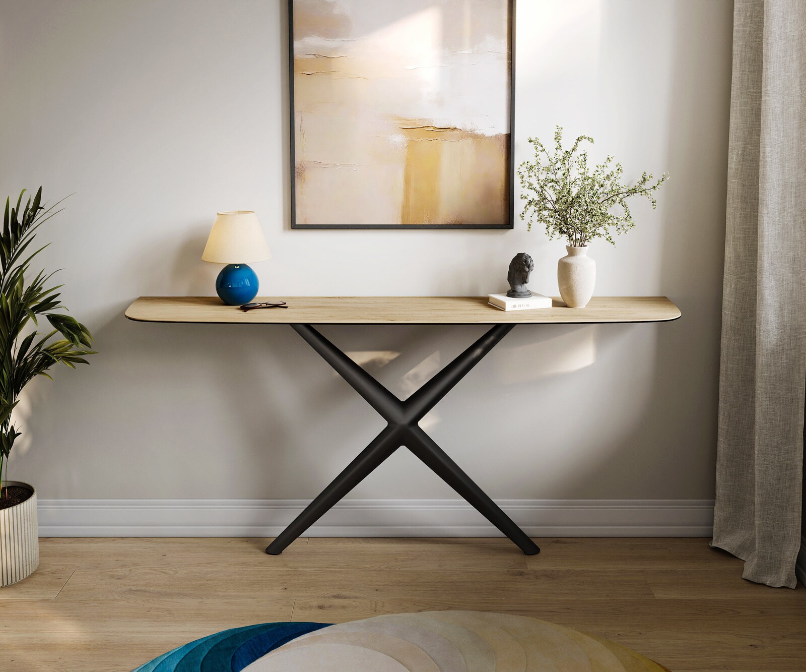 Consoletafel Edge Bootvorm 180x40 cm Keramiek Laminam® Sabbia Eichefarbig Estelo Metaal Zwart 1