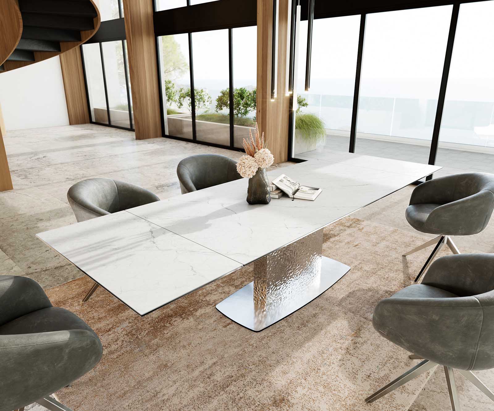 Eetkamertafel Edge 200-300x100 keramiek Laminam®Statuarietto Weiß Wave RVS uitschuifbaar