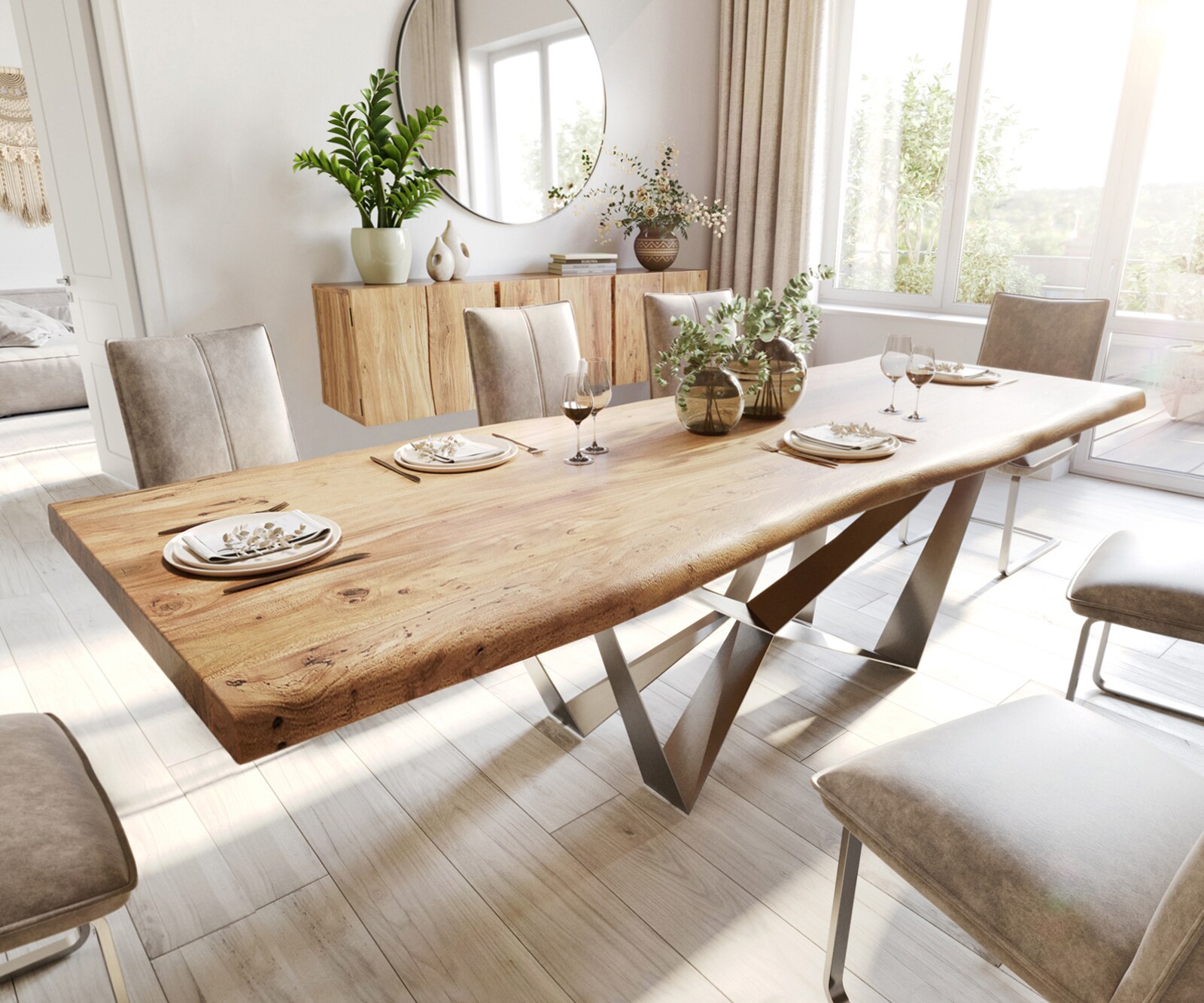 Eettafel Edge 280x100 XL acacia natuur Spider staal  roestvrij staal  Live-Edge 1