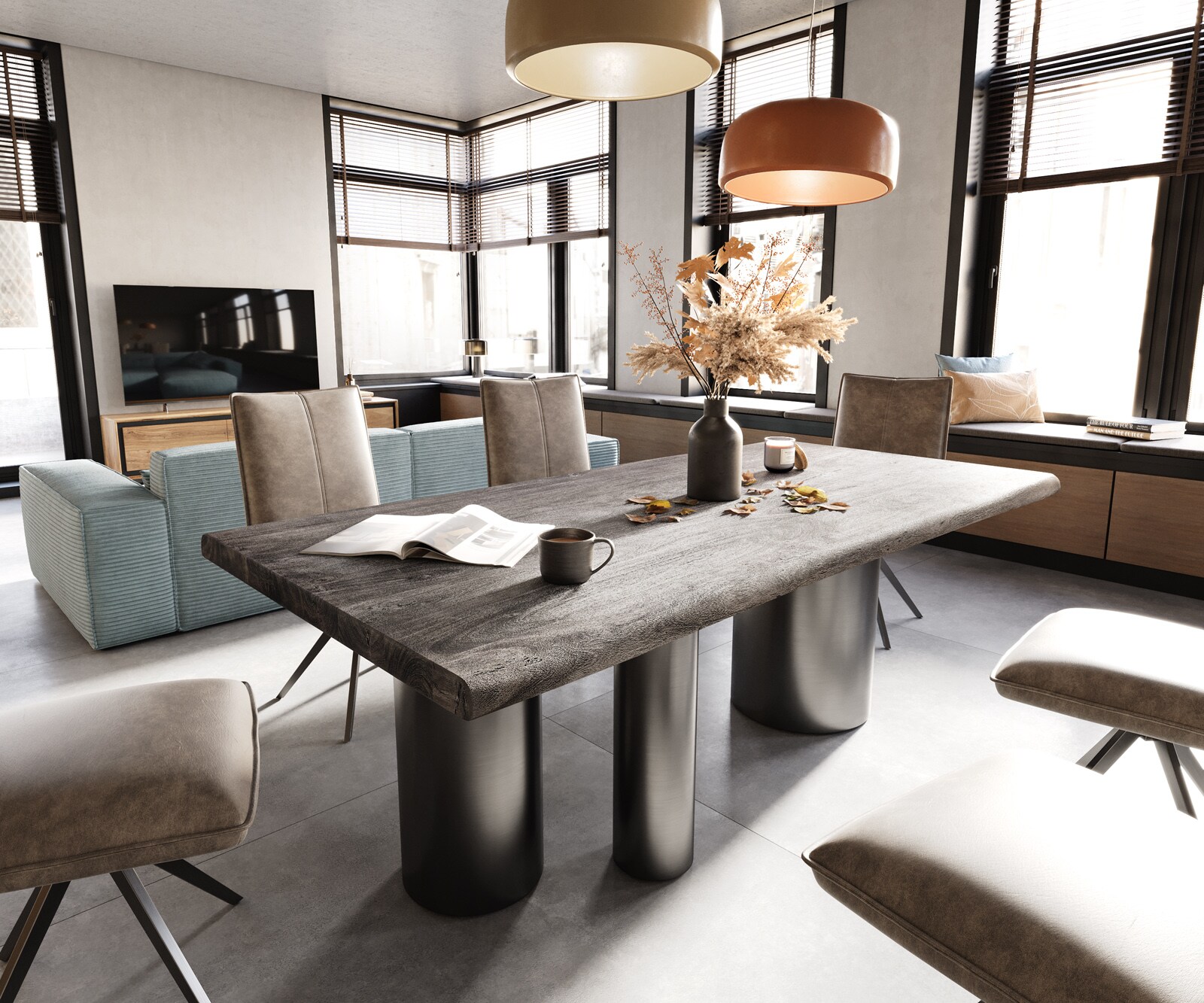 Eetkamertafel Edge 200x100 XL acacia platina Troa roestvrij staal grafiet Live-Edge 1