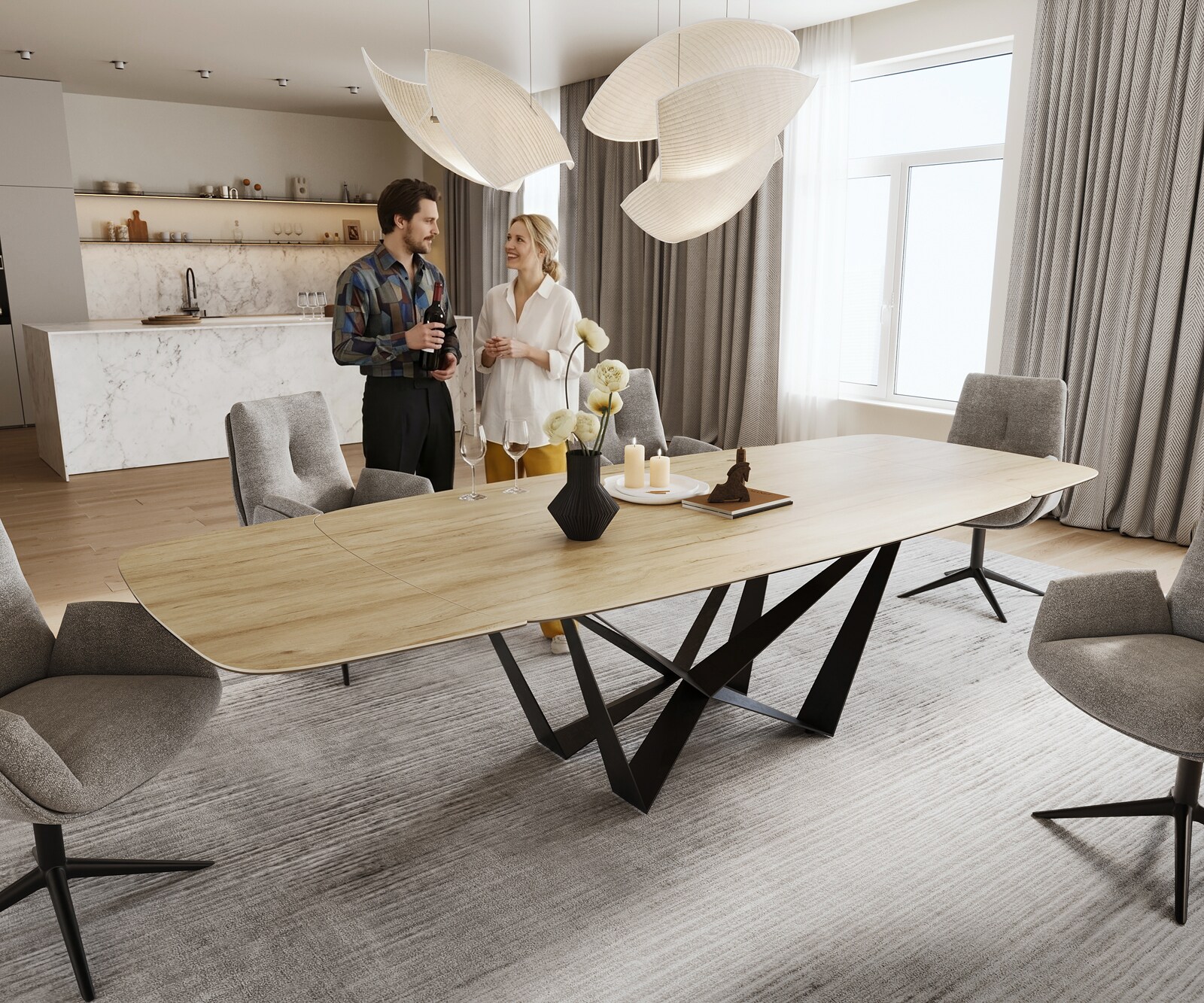 Eettafel Edge Boot 200-300x120 cm Keramiek Laminam® Sabbia Eichefarbig Spider Flachstahl Zwart uitschuifbaar 1