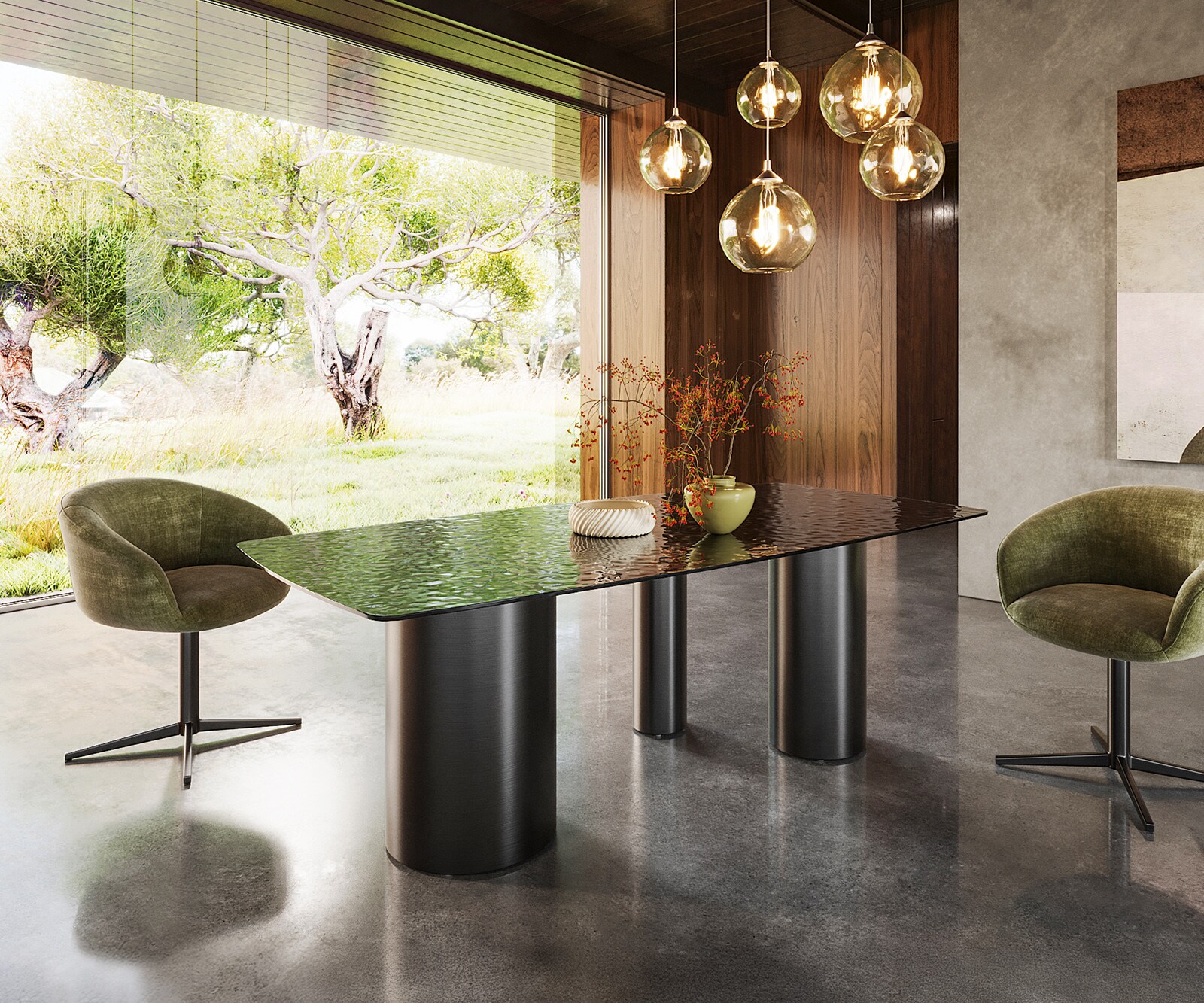 Eettafel Edge Boot 200x100 Reliefglas zwart 3D-Design Troa RVS grafiet 3