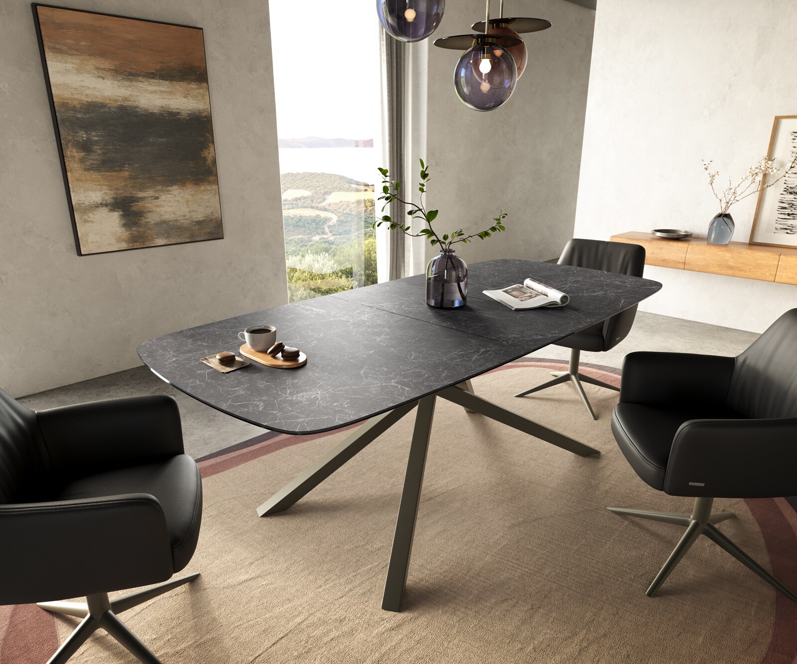 Eettafel Edge Boot 180-220x100 cm Keramiek Laminam® Nero Greco Anthrazit kruisonderstel Rechthoek Effectafwerking Titan uitschuifbaar 1