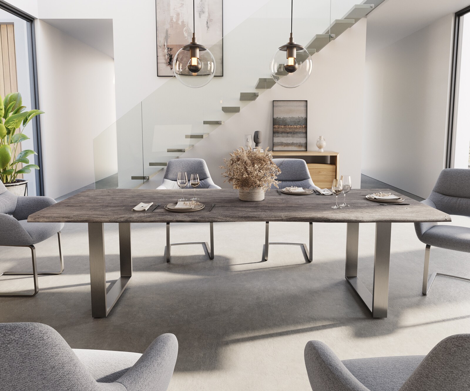 Eettafel Edge 260x100 acacia platina roestvrijstaal smal Live-Edge 1