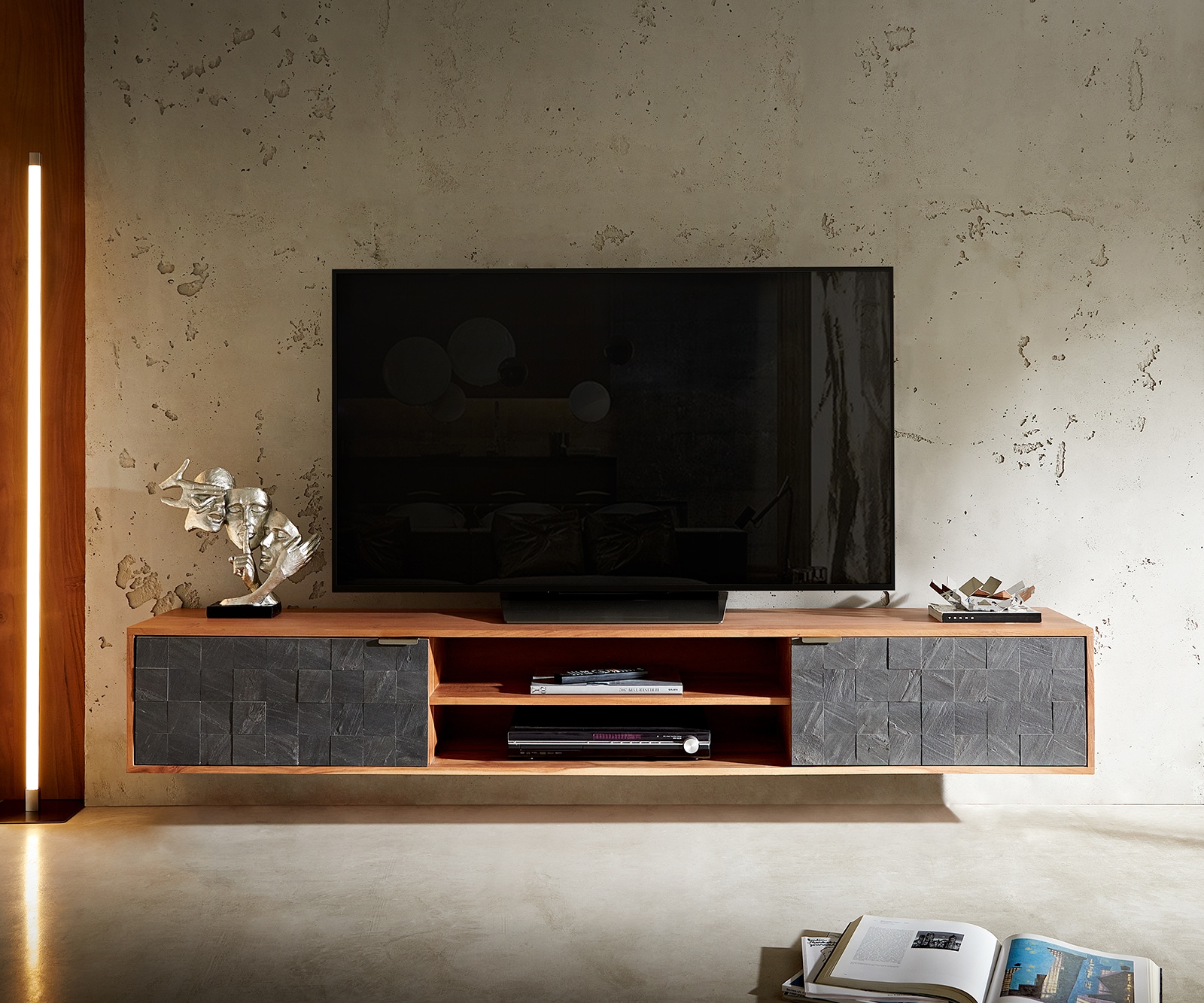 TV-meubel Teele 200 cm acacia natuur leisteen  2 Türen zwevend 1 TV-meubel Teele 200 cm acacia natuur leisteen  2 Türen zwevend 1