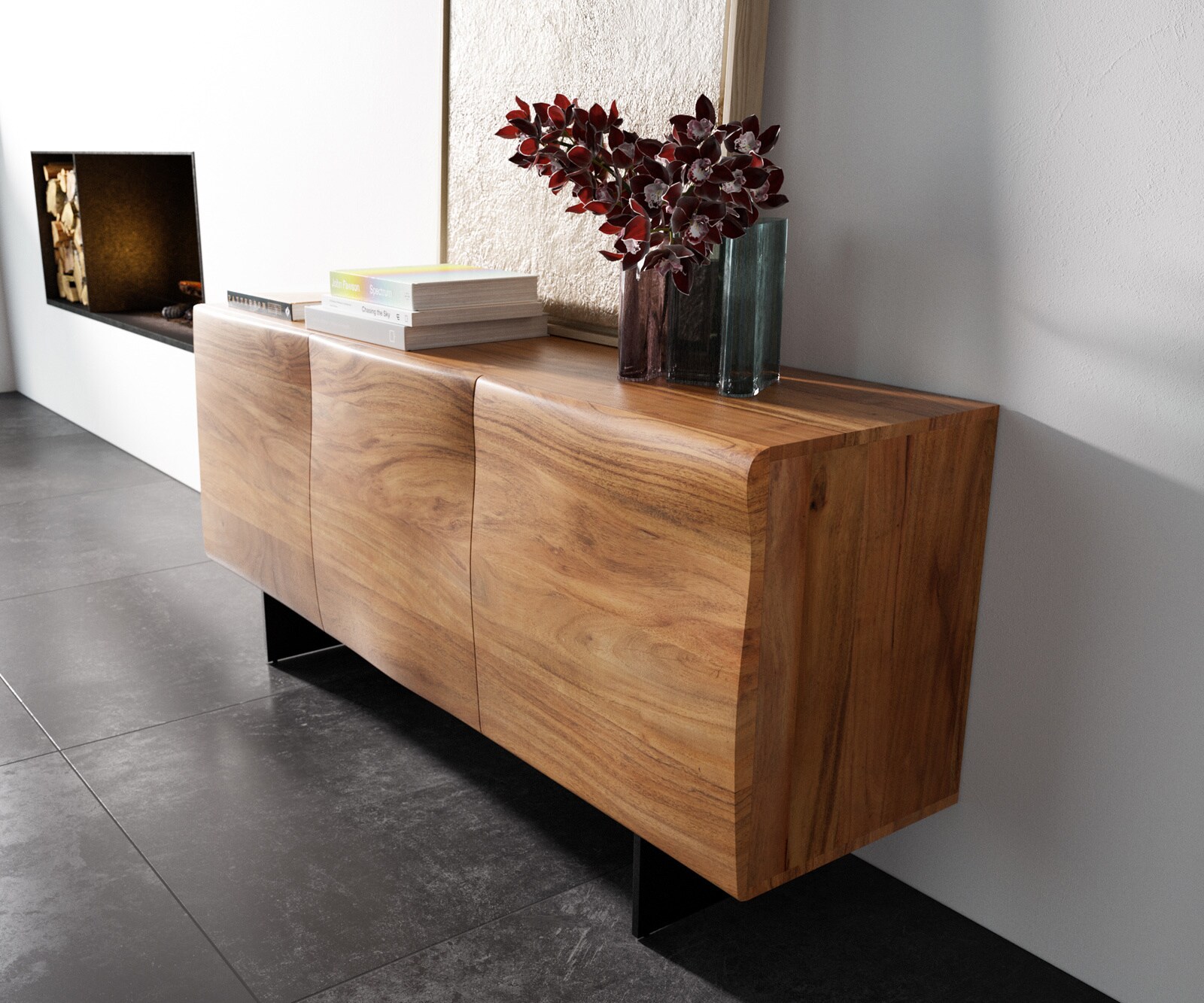 Dressoir New Live-Edge 145 cm acacia natuur 3 deuren poot zweefoptiek metaal zwart 1