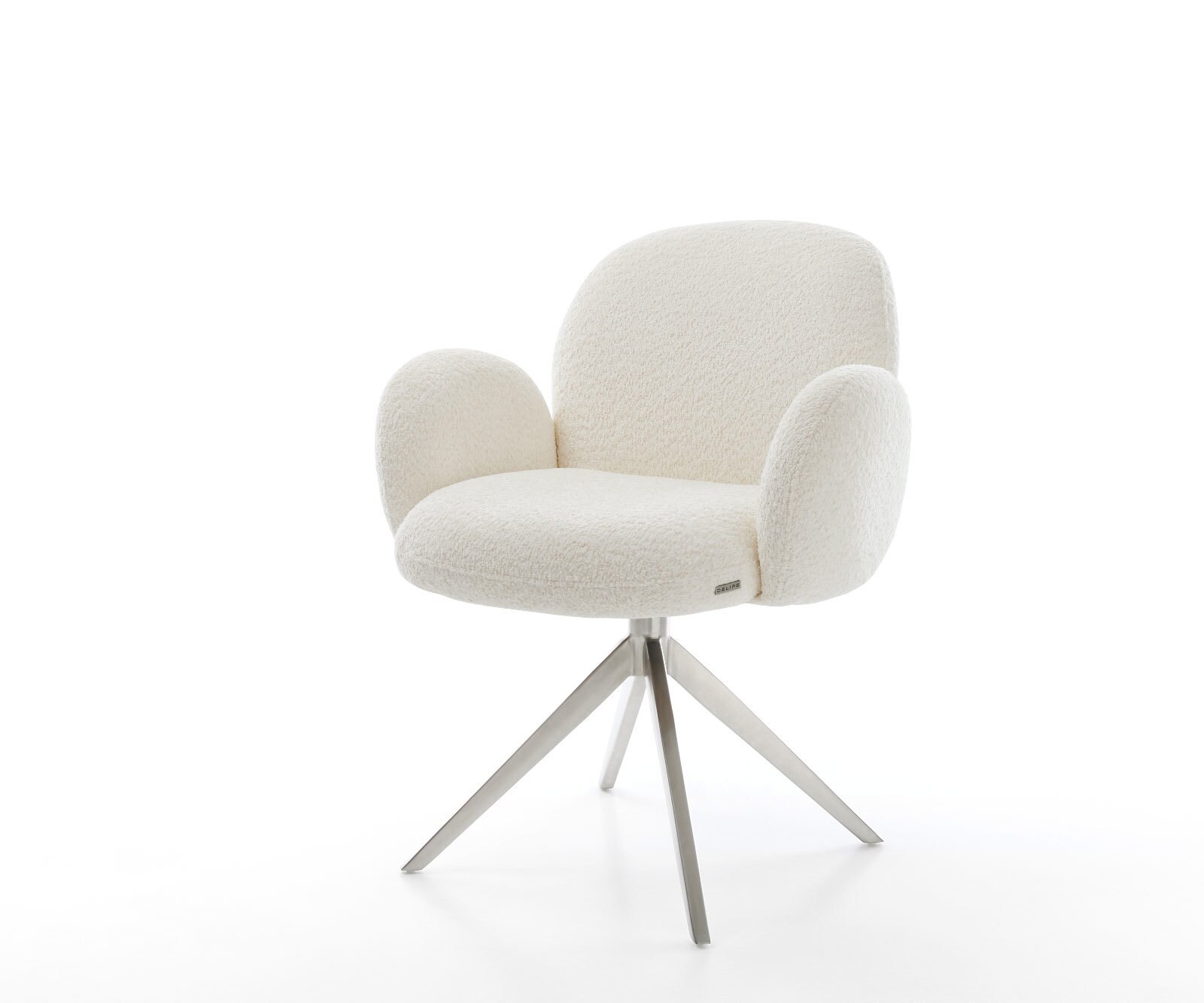 Draaistoel Nube-Flex met armleuning bouclé wit kruisframe breed roestvrij staal 360° draaibaar rocker-functie pocketveer kern