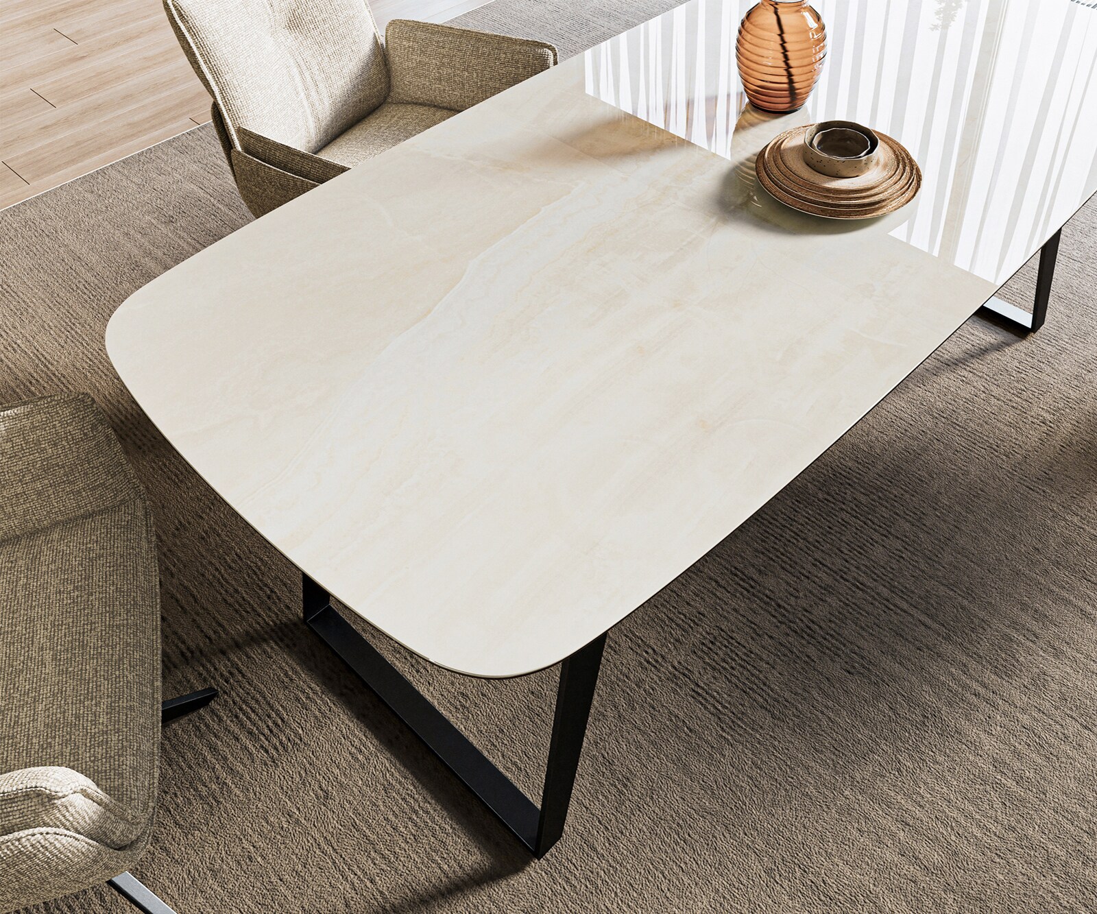 Eettafel Edge boot 200x100 cm keramiek Onyx Champagne schuin onderstel metaal zwart 4