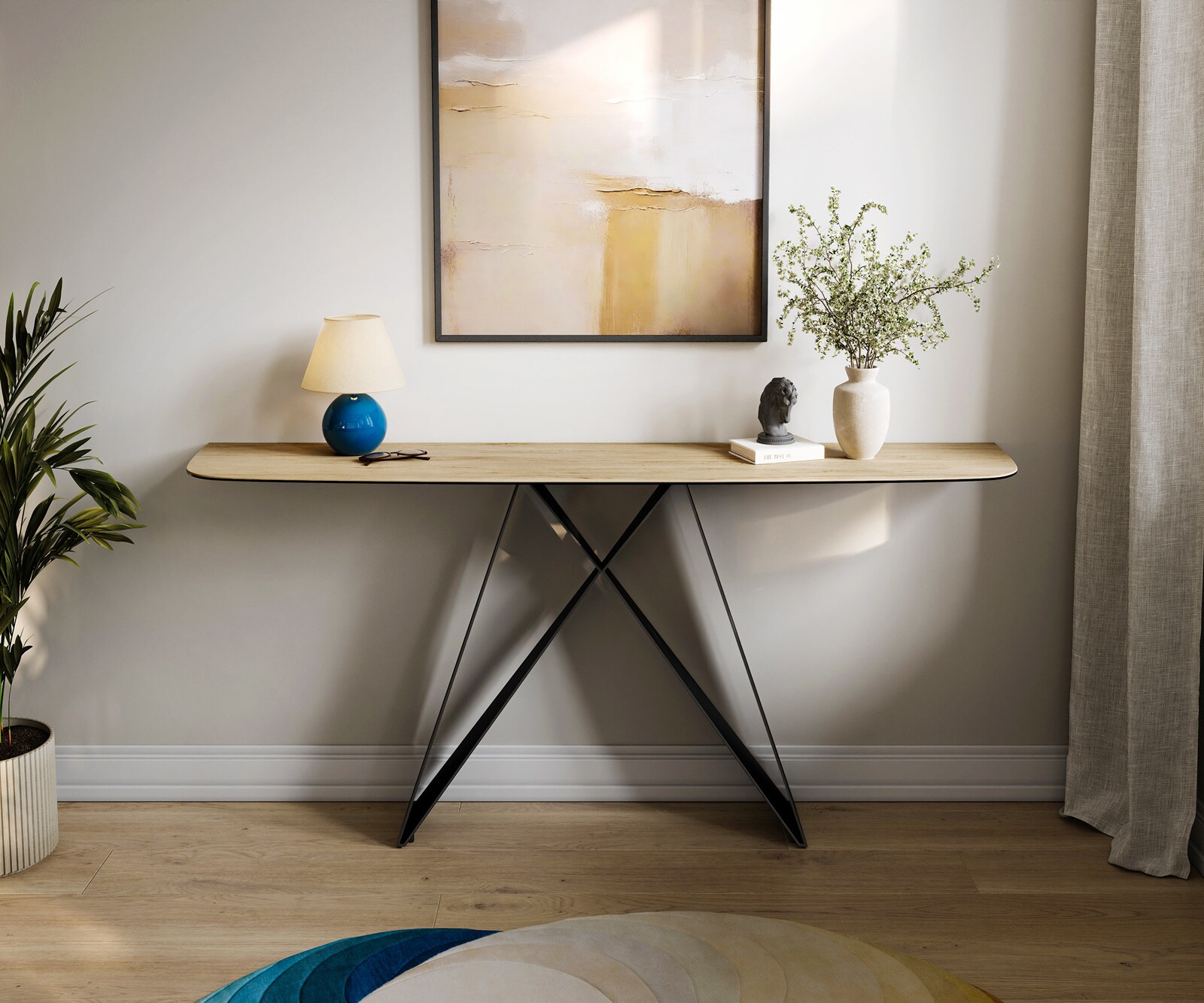 Consoletafel Edge Bootvorm 180x40 cm Keramiek Laminam® Sabbia Eichefarbig Velio Metaal Zwart 1