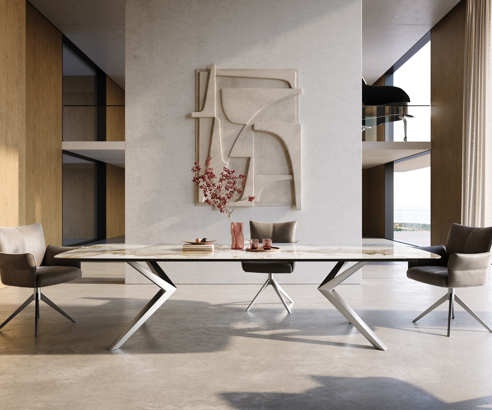 Eettafel Edge Boot 300x120 cm Keramiek Minas Melange Wit-Beige Zenthara hoekig Roestvrij staal 2