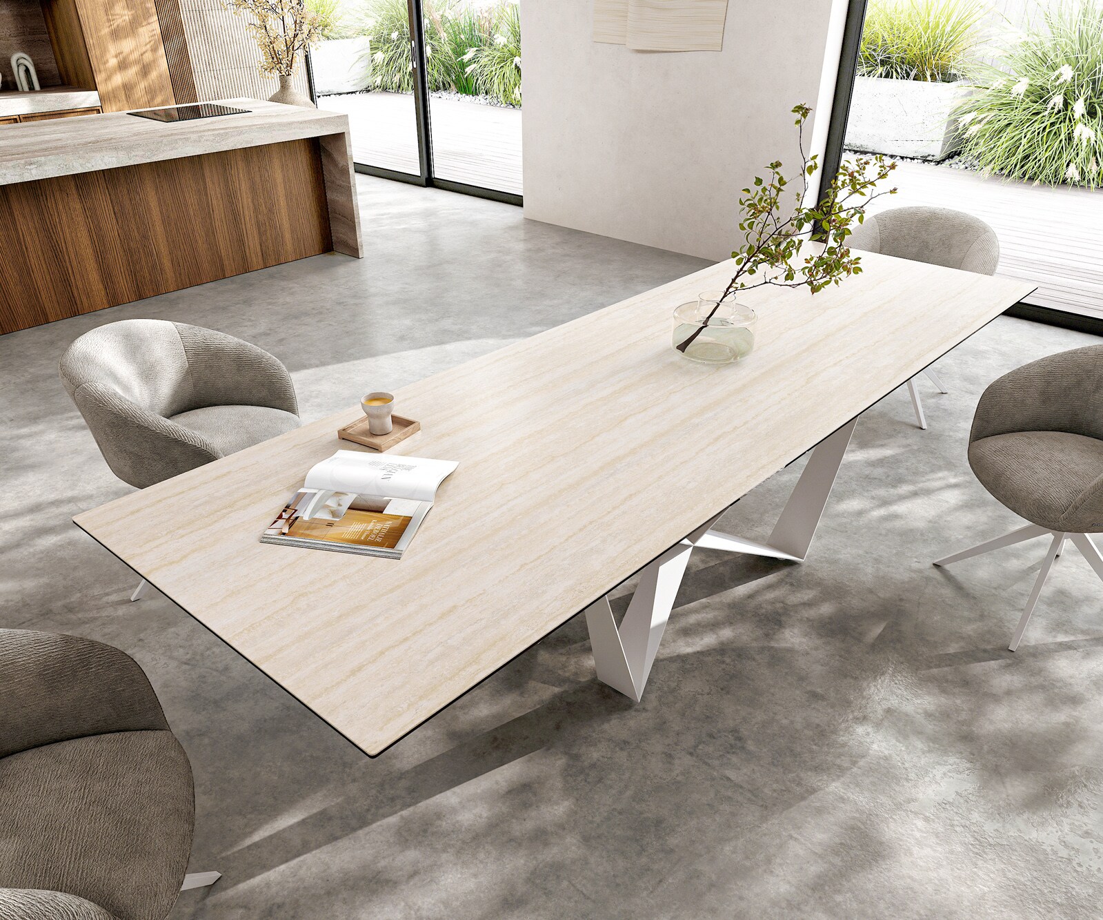 Eettafel Edge 300x100 keramiek  Laminam® Travertino Bianco Creme-wit Spider metaal wit 4