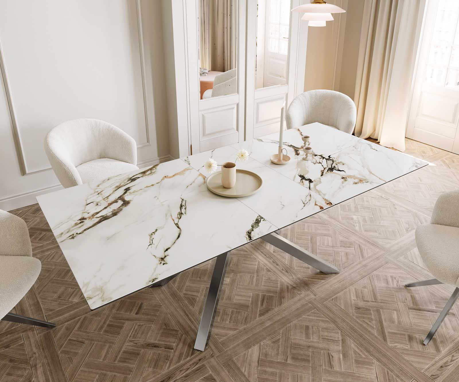 Eetkamertafel Edge 180-220x100 keramiek Calacatta Luxe wit-goud-grijs kruisframe rechthoek RVS uitschuifbaar 5 Eetkamertafel Edge 180-220x100 keramiek Calacatta Luxe wit-goud-grijs kruisframe rechthoek RVS uitschuifbaar 5