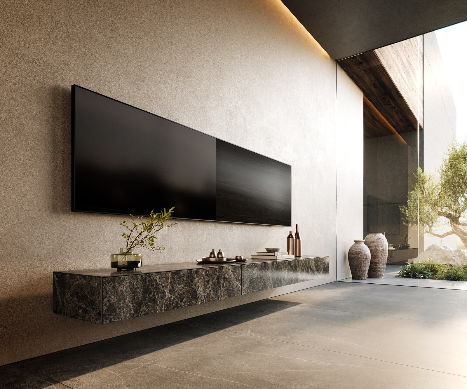 Tv-meubel Cuor 250 cm Keramiek Laminam® Emperador Extra Lucidato Donkerbruin 1 Flap 1 Lade Zwevend 1