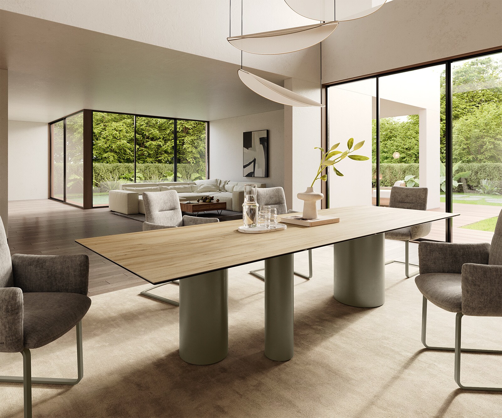 Eetkamertafel Edge 300x100 keramiek Laminam® Sabbia eiken kleur Troa metaal effectafwerking titaan