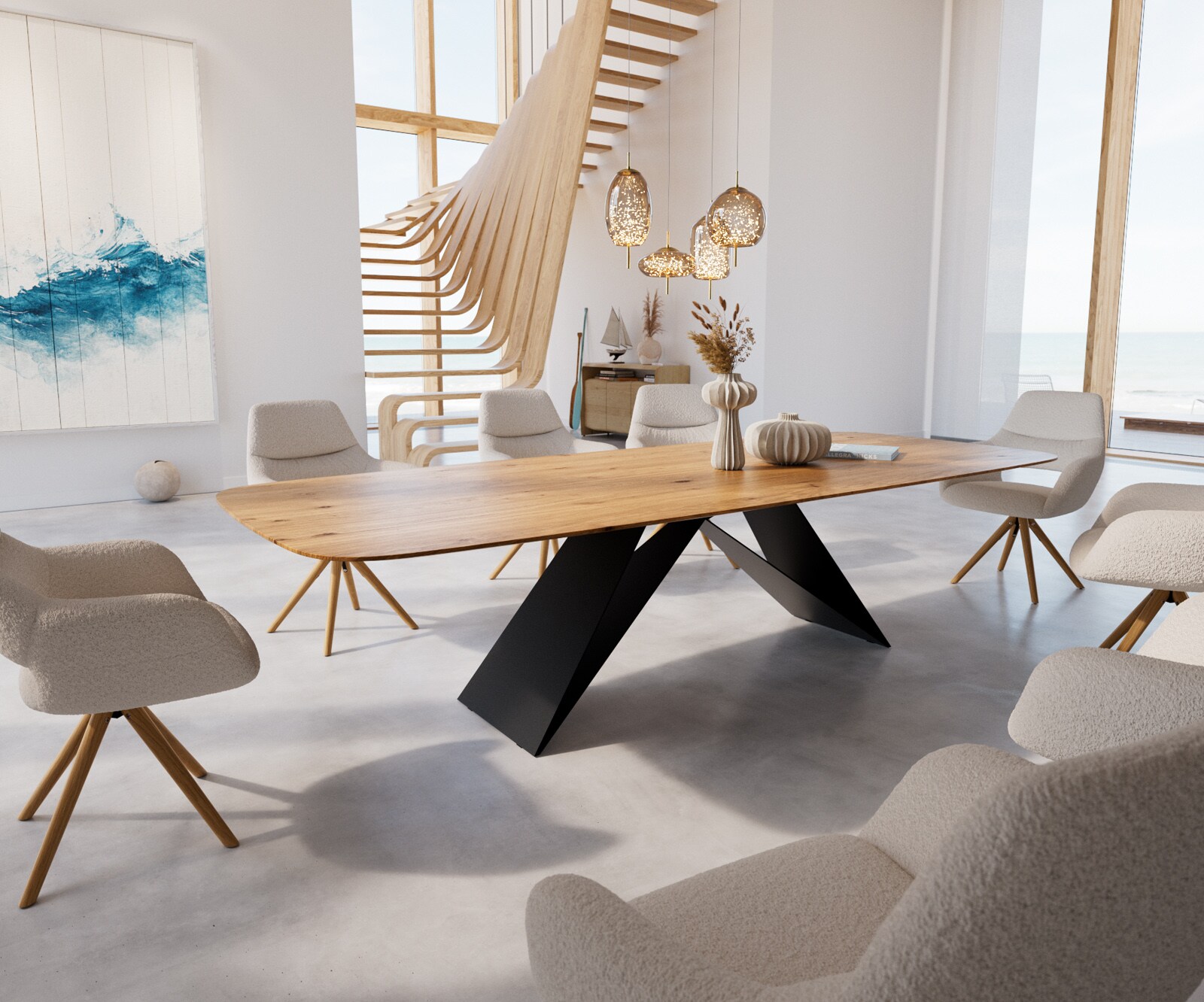 Eettafel Edge Boot 300x120x3-3,2 eiken natuur V-frame staal  zwart  Schweizer Kante