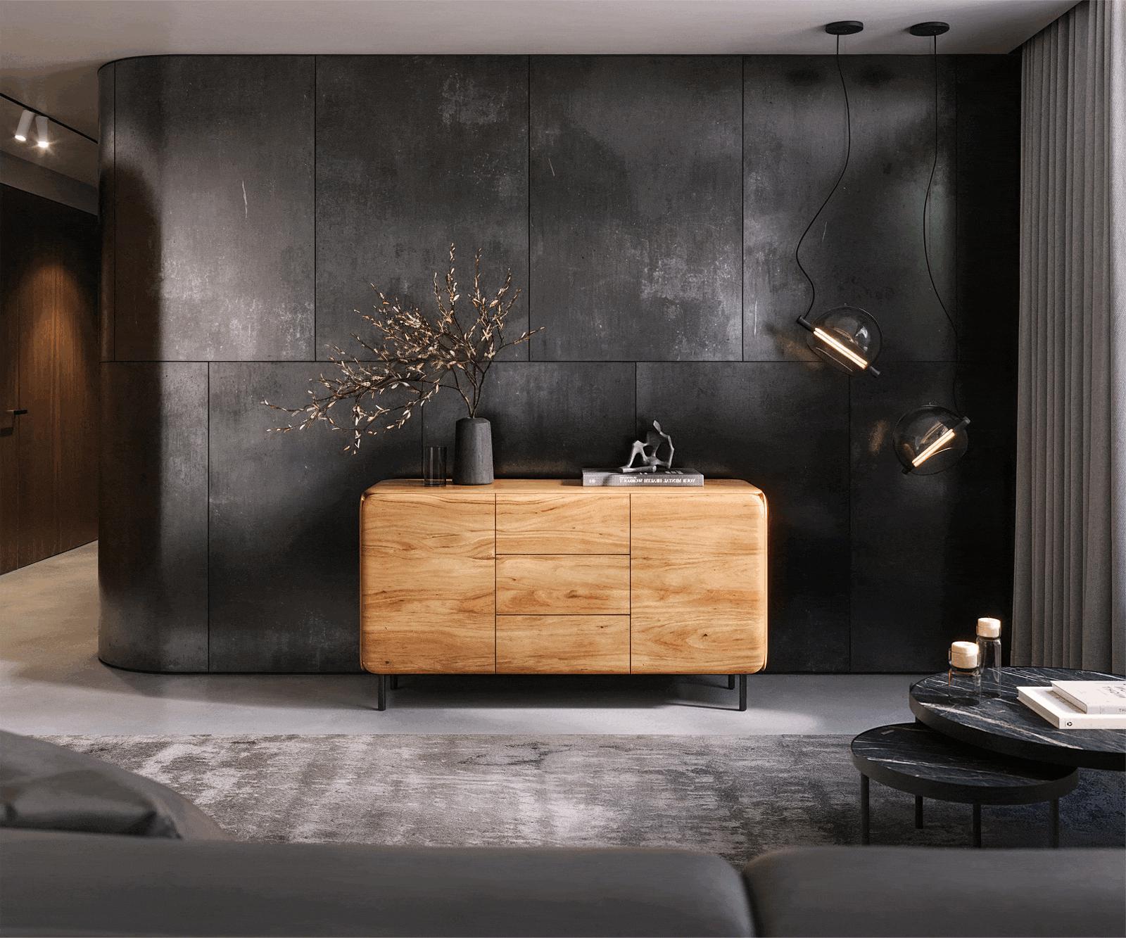 Commode Shavani acacia naturel 145 cm 2 deuren 3 lades rond onderstel metaal zwart 1 Commode Shavani acacia naturel 145 cm 2 deuren 3 lades rond onderstel metaal zwart 1