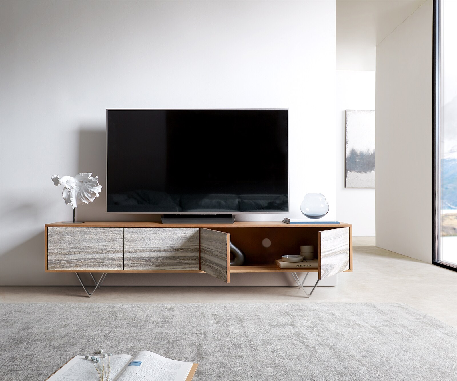 Tv-meubel Kleo 200 cm acacia natuur 4 deuren V-poot RVS 4
