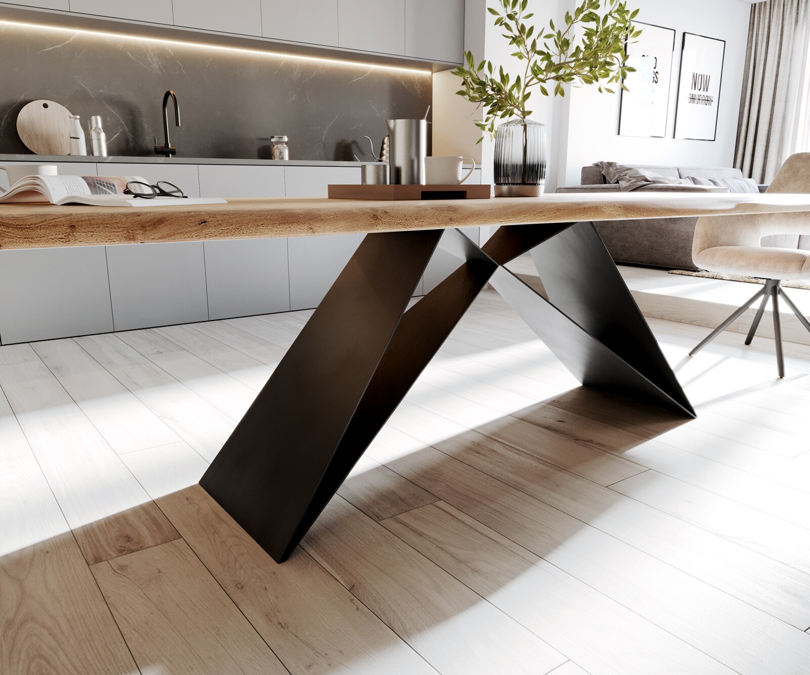 Eettafel Edge 260x100 acacia natuur V-frame vlakstaal zwart Live-Edge 6