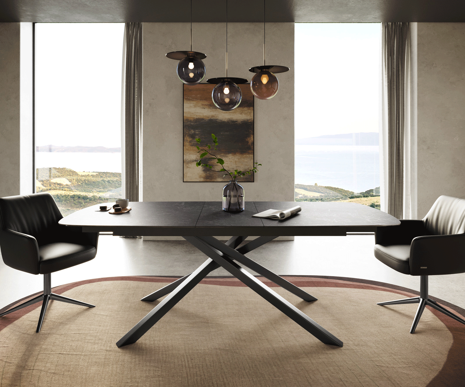Eettafel Edge Boot 180-220x100 cm Keramiek Laminam® Nero Greco Anthrazit kruisonderstel Rechthoek Roestvrij staal Grafiet uitschuifbaar 2
