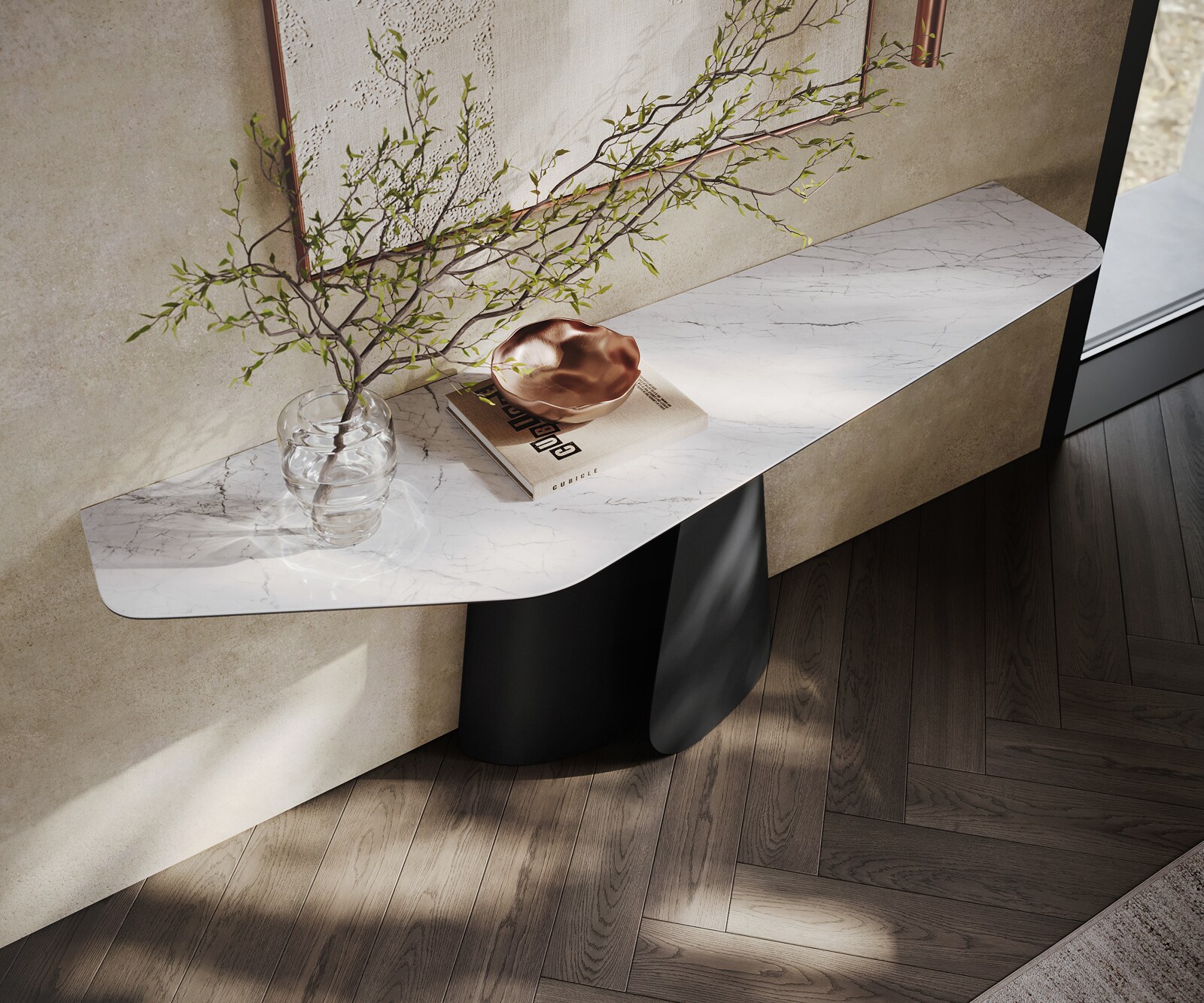 Consoletafel Edge Polygonaal 180x50 cm Keramiek Laminam® Statuarietto Weiß Livos Metaal Zwart 2