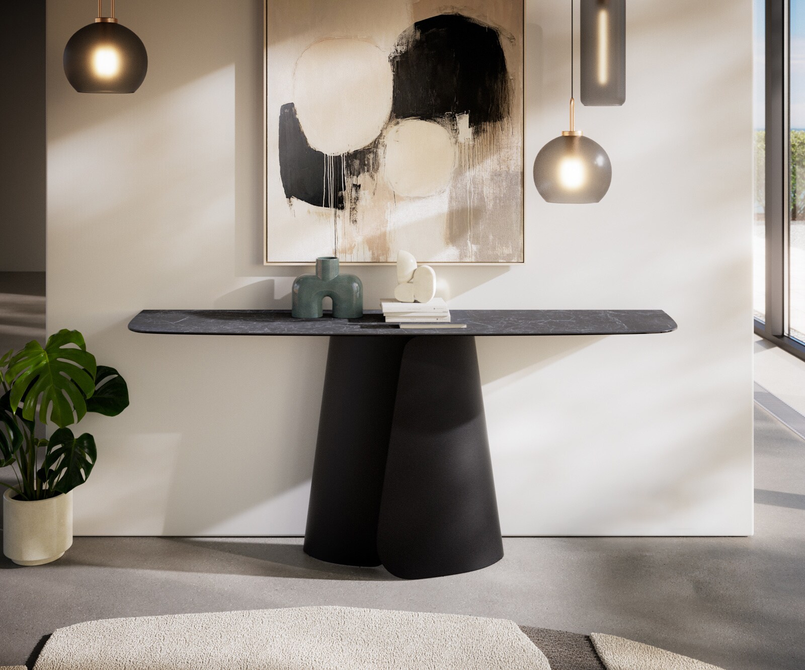 Consoletafel Edge Bootvorm 180x40 cm Keramiek Laminam® Nero Greco Anthrazit Livos Metaal Zwart 1