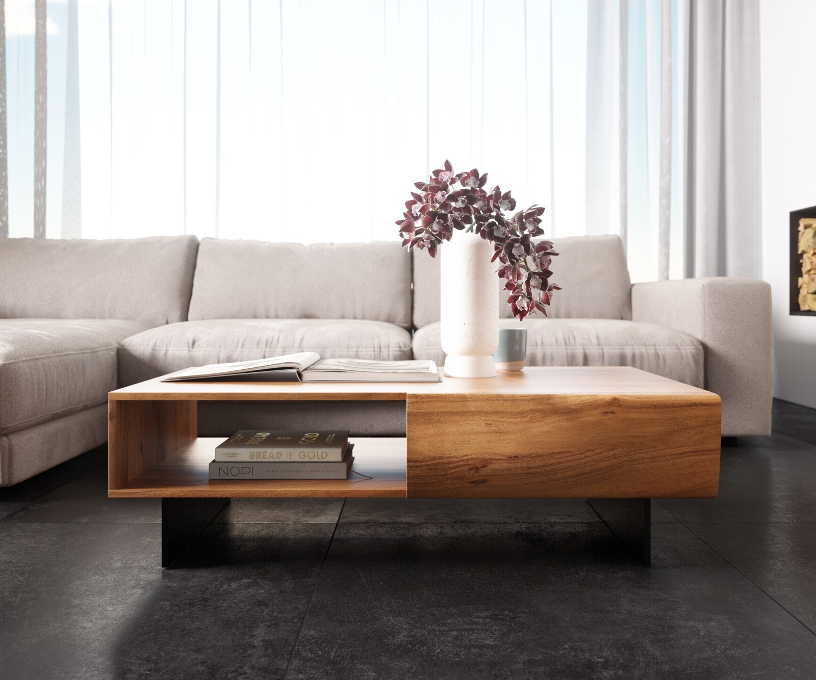 Salontafel New Live-Edge 115x60 cm acacia natuur 2 schuiflade 1 vak poot zwevend metaal zwart  1