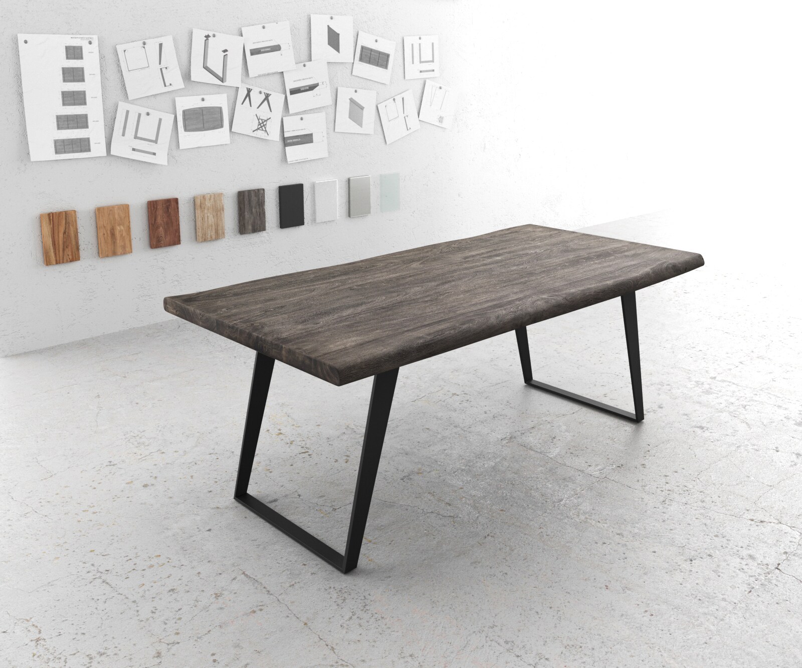 Eettafel Edge 200x100 XL acacia platina metaal schuin Live-Edge