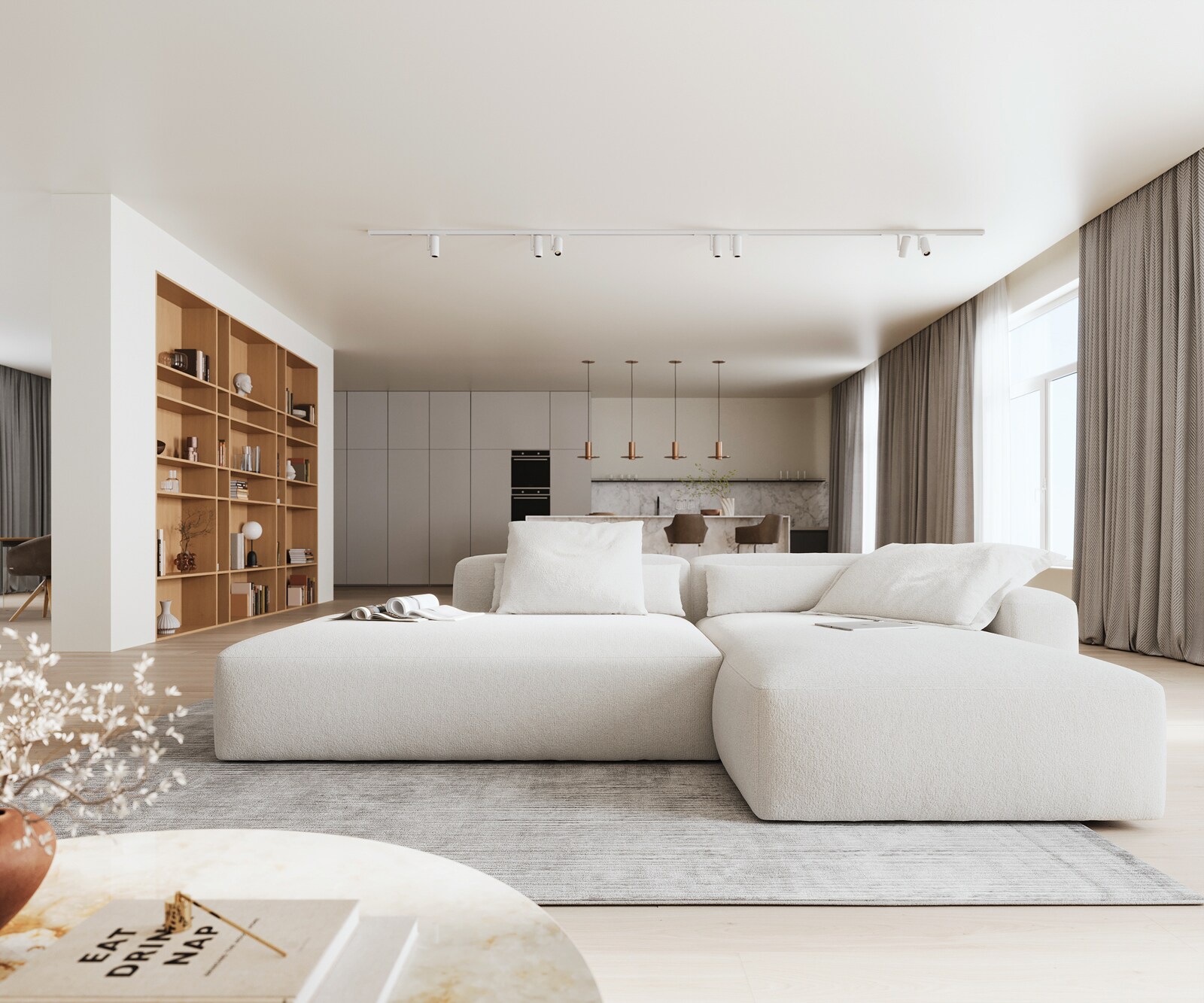 Hoekbank Freestyle 310x200 cm Bouclé zacht Beige kapnaad 1