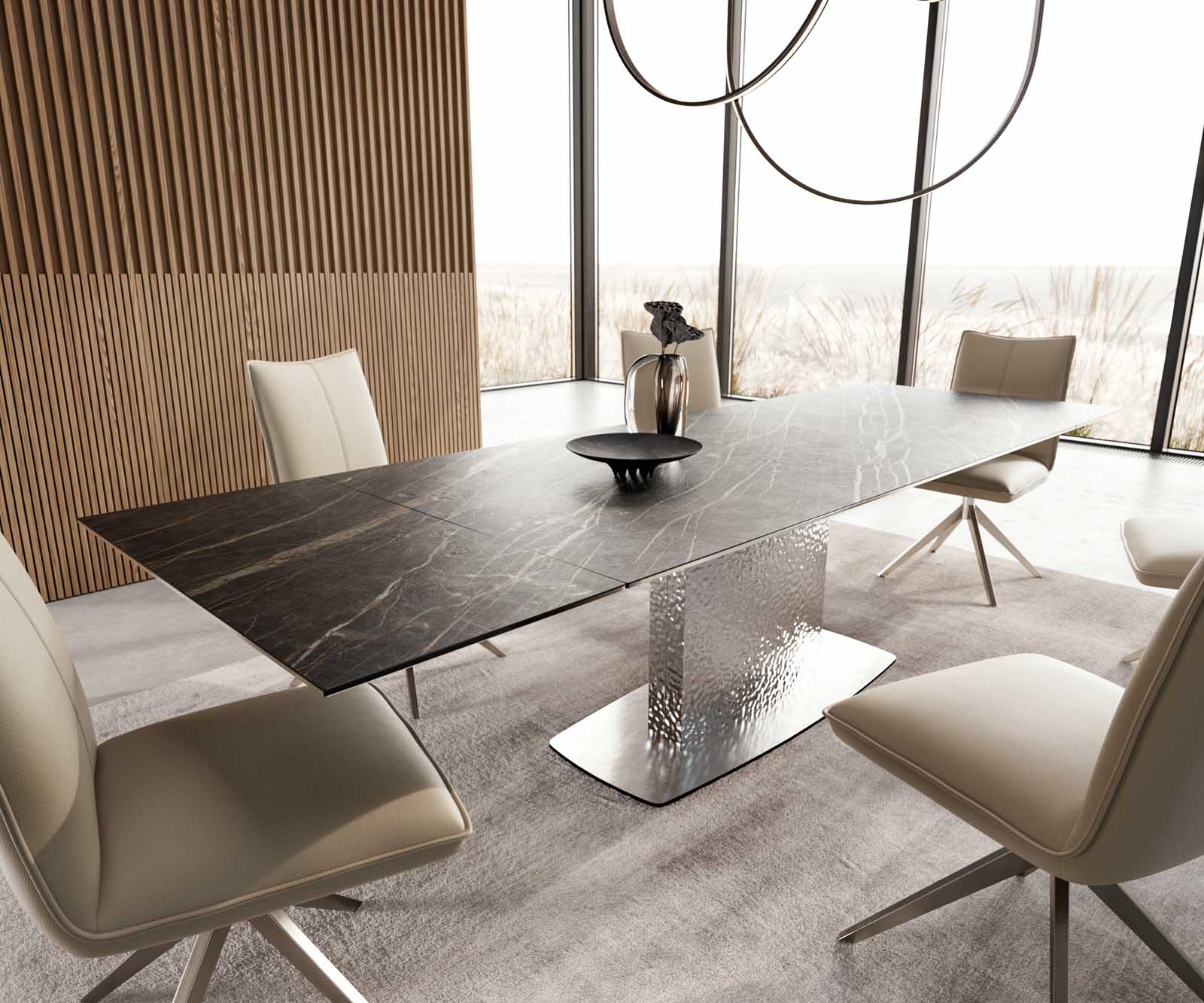 Eetkamertafel Edge 200-300x100 keramiek Laminam®Noir Desir bruin Wave RVS uitschuifbaar
