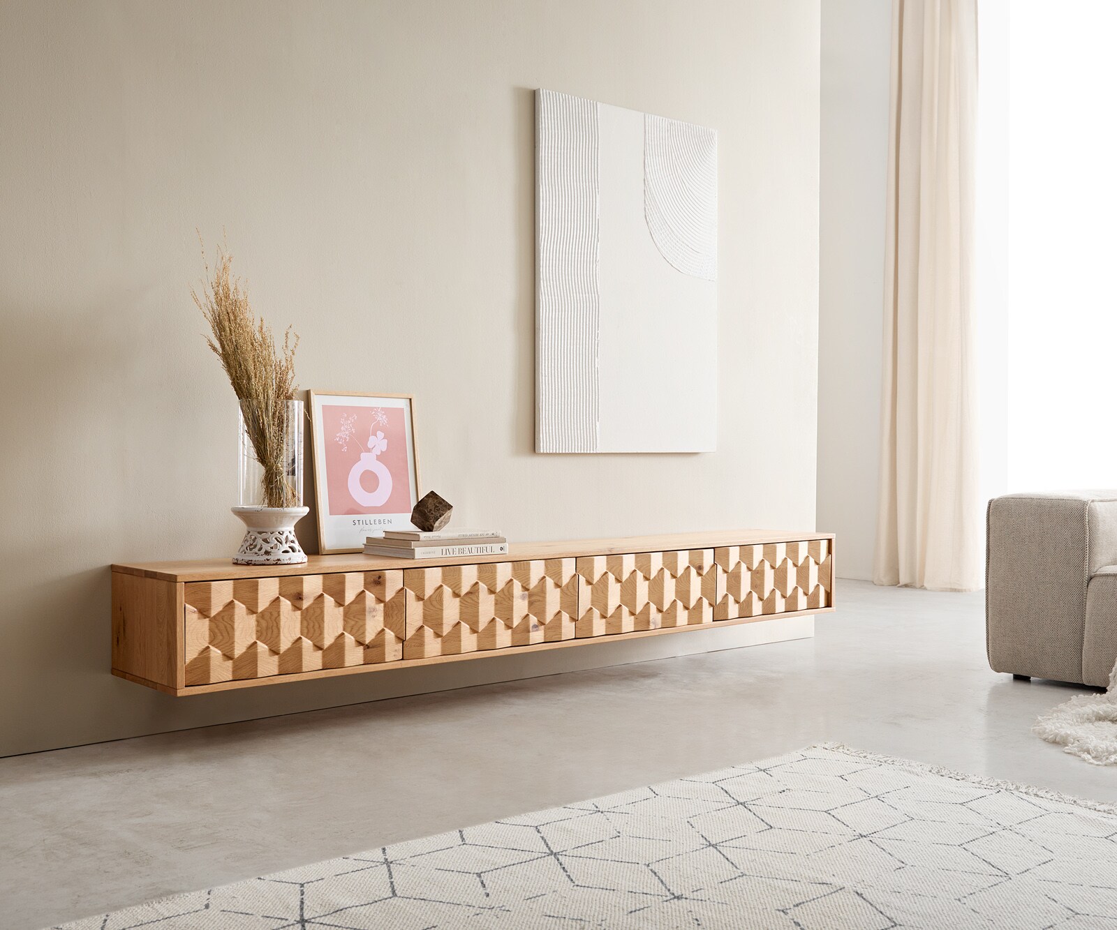 Tv-meubel Fevo 220 cm natuur eiken 4 deuren zwevend
