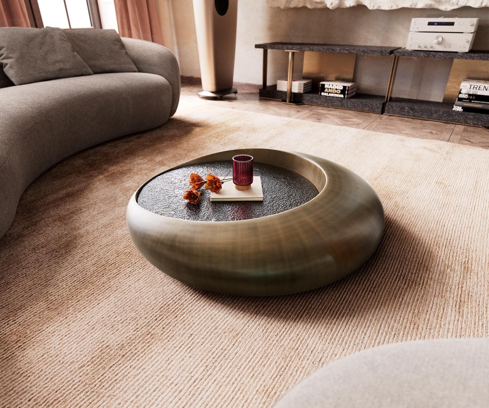 Salontafel Blaise 100x100 cm Goud met reliëfglas taupe Salontafel Blaise 100x100 cm Goud met reliëfglas taupe