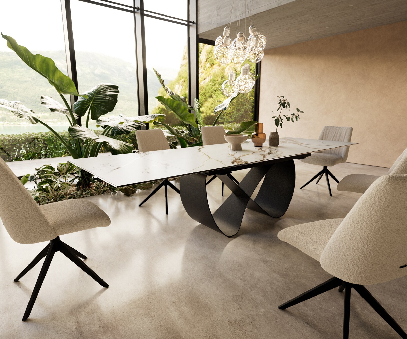 Eetkamertafel Edge 200-300x100 cm Keramiek Calacatta Luxe Wit-Goud-Grijs Infinity Metaal Zwart uitschuifbaar 1